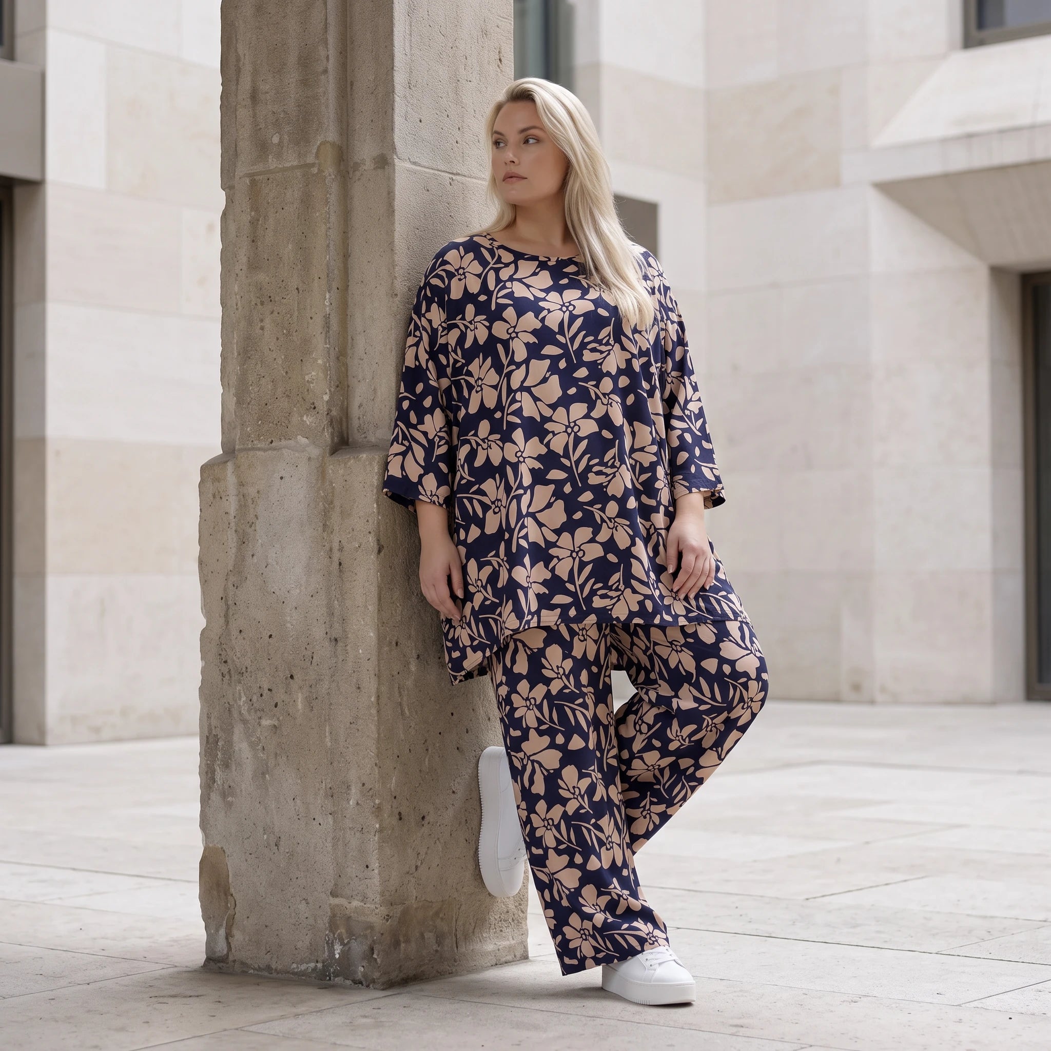 Damen Shirt Avantgarde Viskose Marine/Rose, A-Linie, 3/4-Arm, Seitentaschen, Oversize große Größen – AKH Fashion