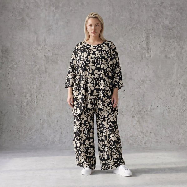 Damen Shirt Avantgarde Viskose Schwarz/Ecru, A-Linie, 3/4-Arm, Seitentaschen, Oversize große Größen – AKH Fashion