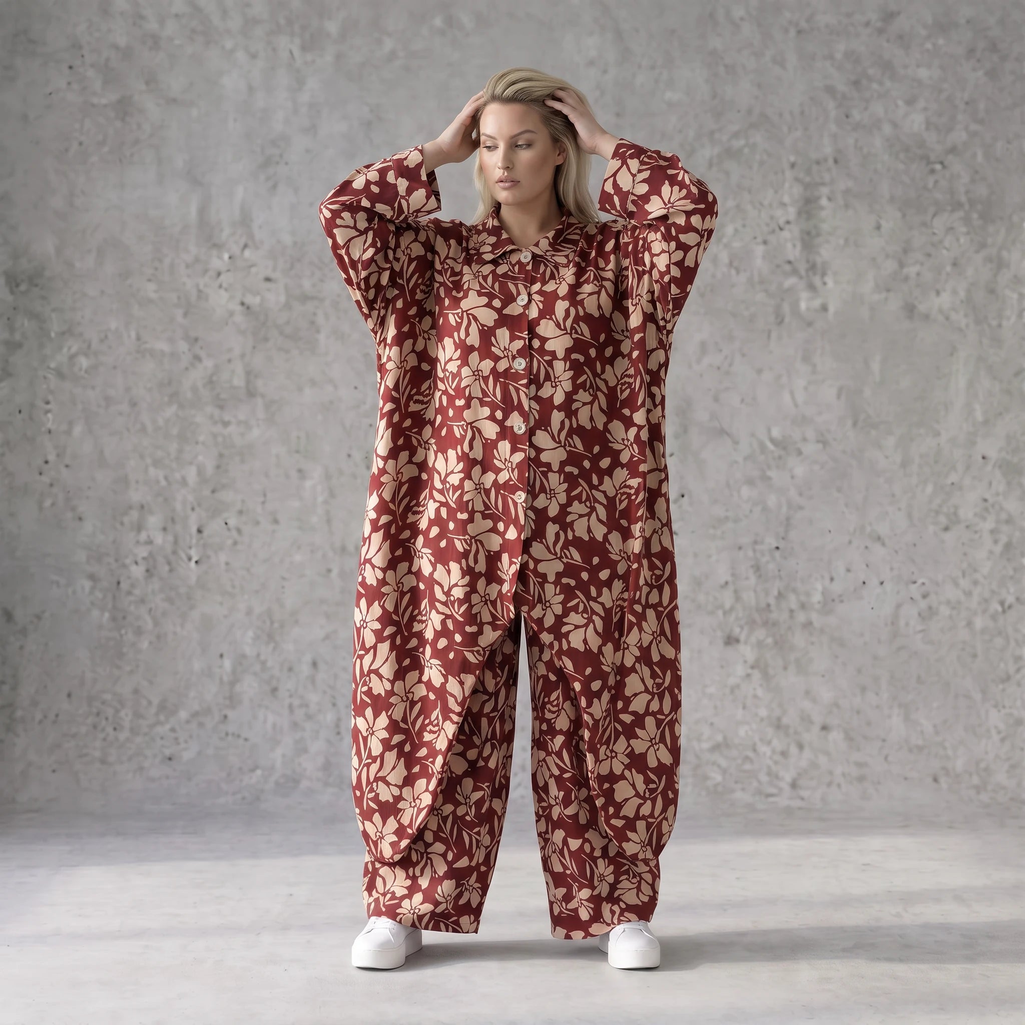 Damen Bluse Avantgarde Viskose Weinrot/Rose, fließend, Zipfelsaum, Oversize große Größen – AKH Fashion