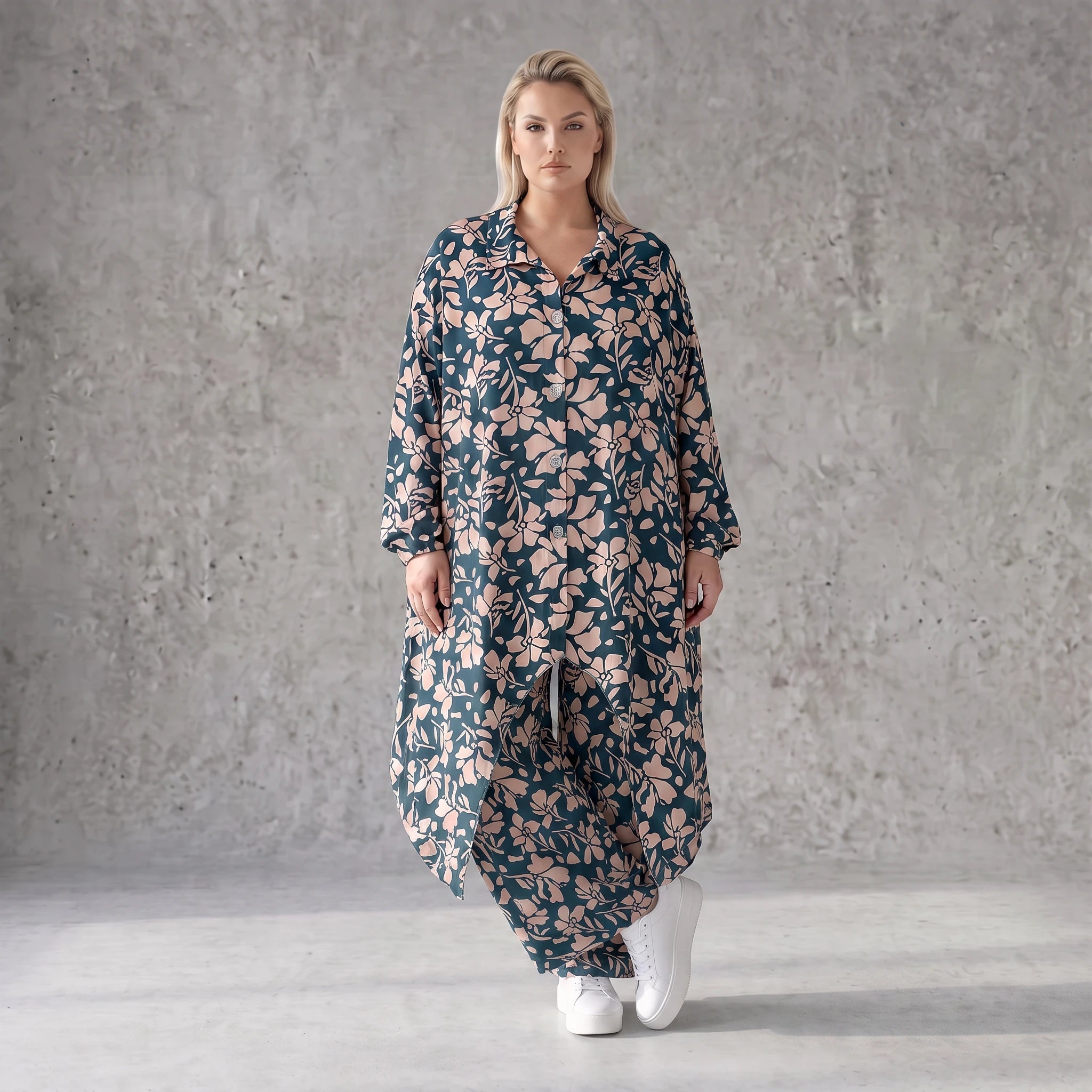 Damen Bluse Avantgarde Viskose Petrol/Rose, Zipfelbluse, Hemdkragen, Oversize große Größen – AKH Fashion