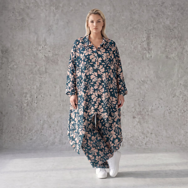 Damen Bluse Avantgarde Viskose Petrol/Rose, Zipfelbluse, Hemdkragen, Oversize große Größen – AKH Fashion