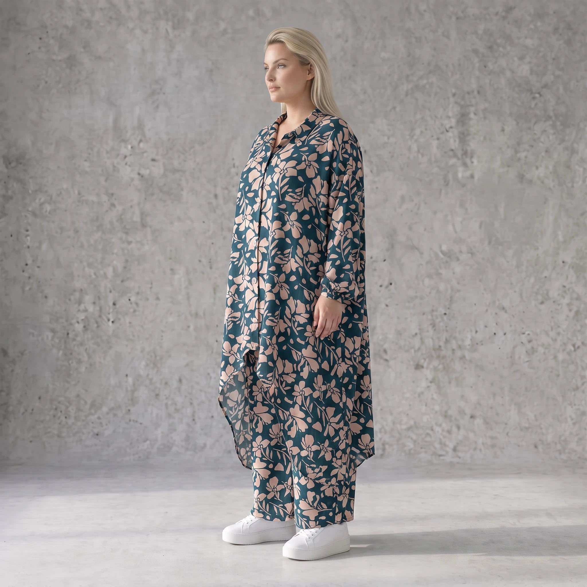 Damen Bluse Avantgarde Viskose Petrol/Rose, Zipfelbluse, Hemdkragen, Oversize große Größen – AKH Fashion