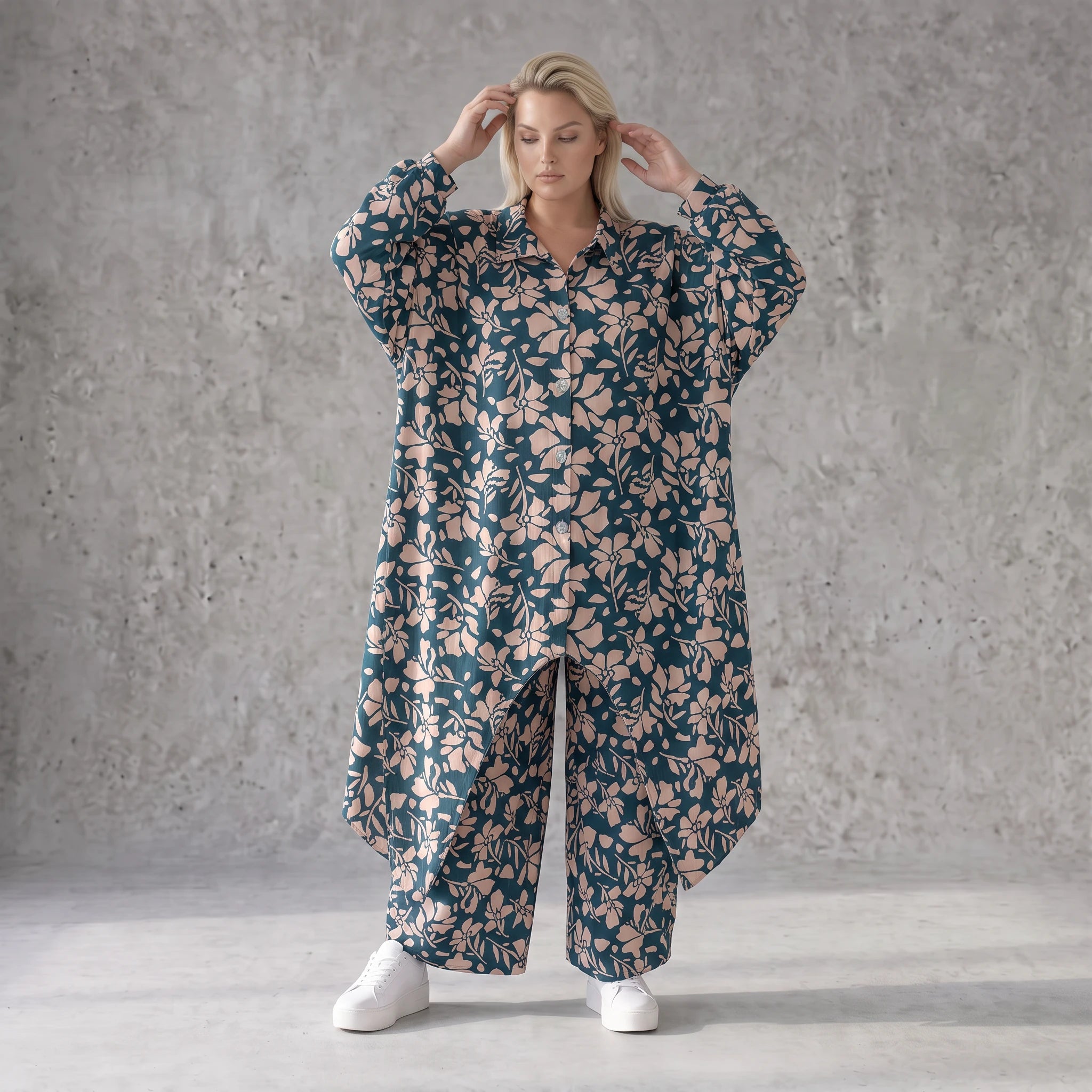 Damen Bluse Avantgarde Viskose Petrol/Rose, Zipfelbluse, Hemdkragen, Oversize große Größen – AKH Fashion