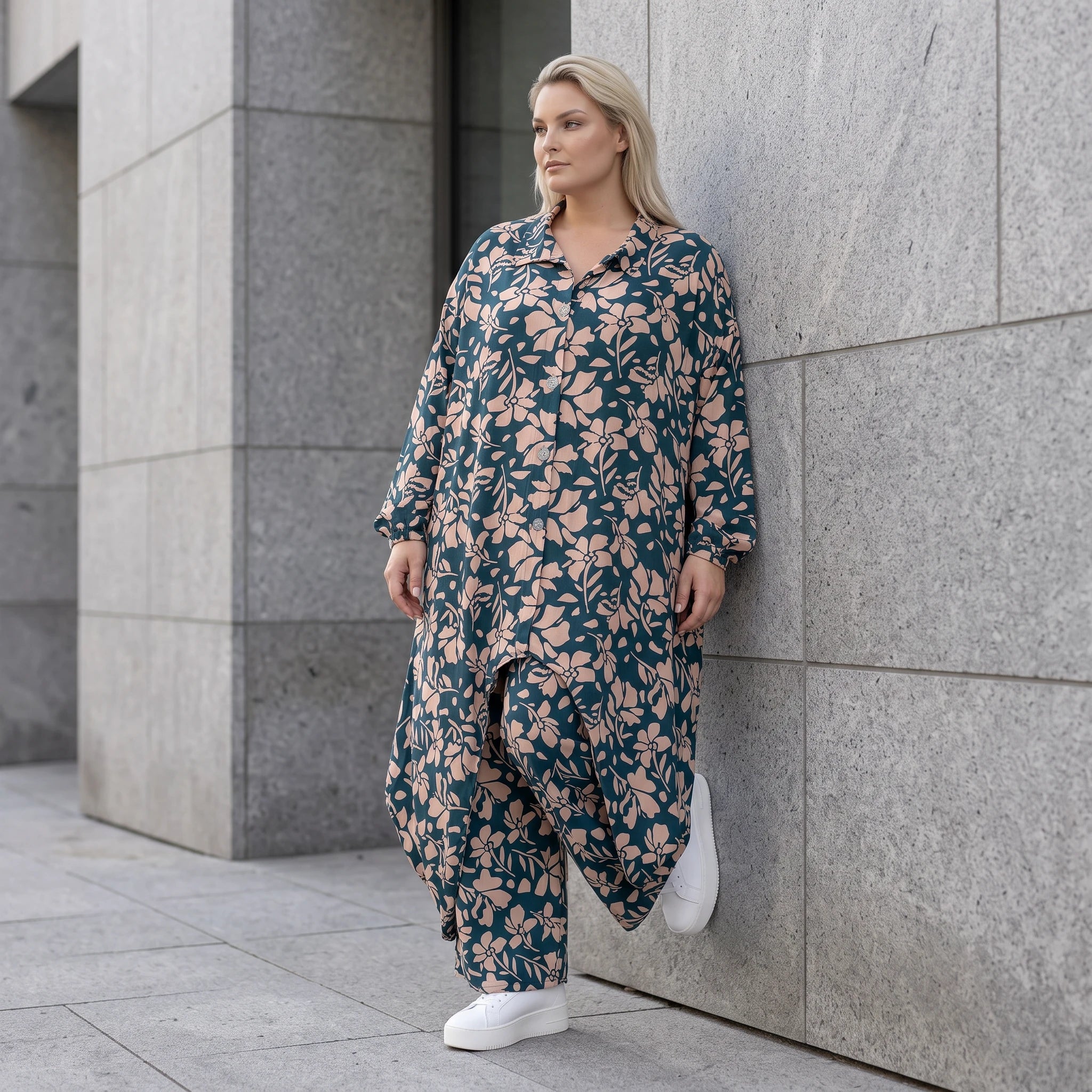 Damen Bluse Avantgarde Viskose Petrol/Rose, Zipfelbluse, Hemdkragen, Oversize große Größen – AKH Fashion