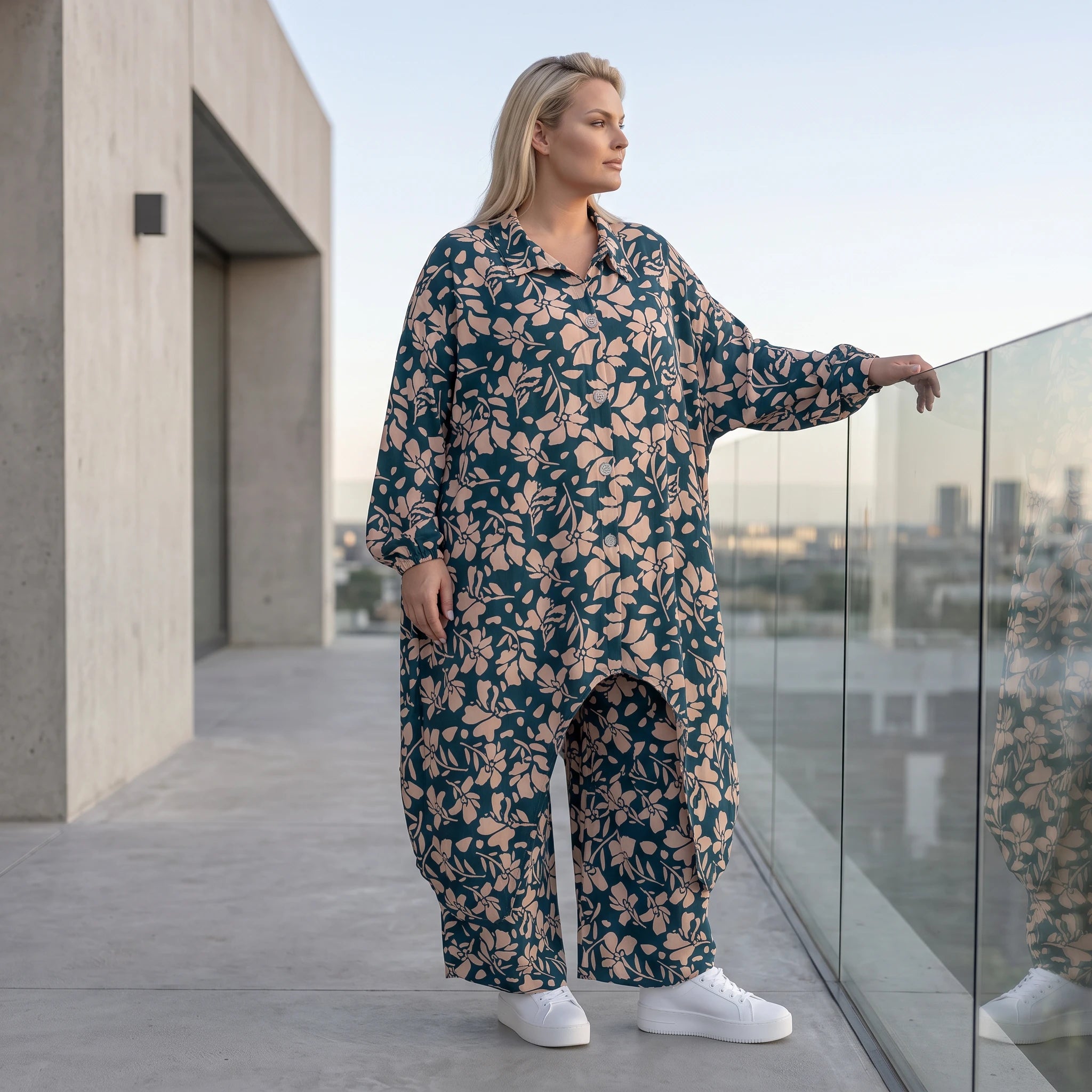 Damen Bluse Avantgarde Viskose Petrol/Rose, Zipfelbluse, Hemdkragen, Oversize große Größen – AKH Fashion