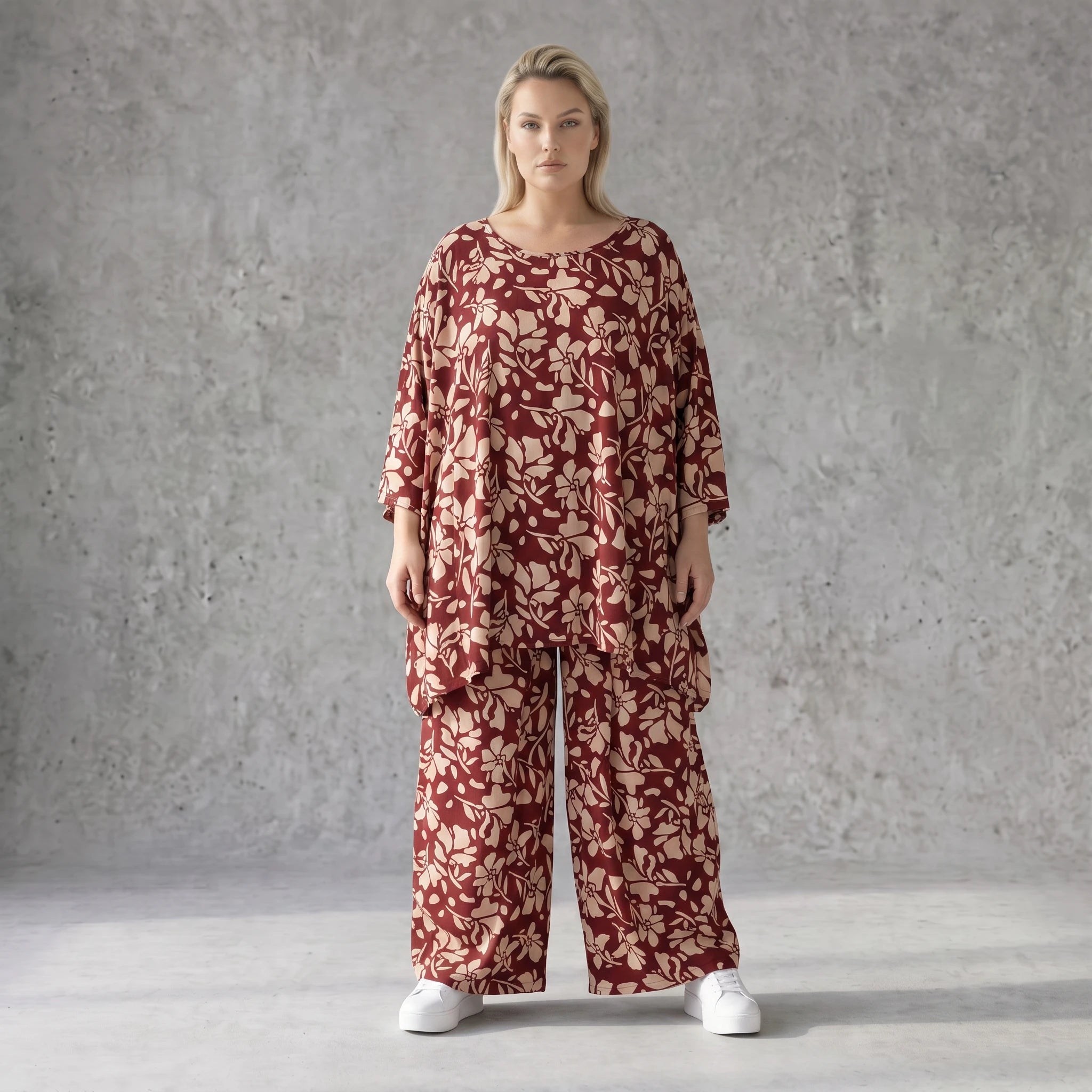 Damen Shirt Avantgarde Viskose Weinrot/Rose, A-Linie, 3/4-Arm, Oversize große Größen – AKH Fashion