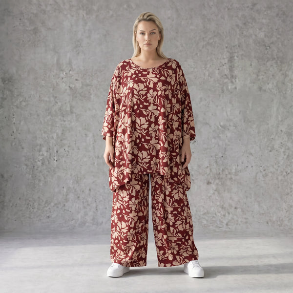 Damen Shirt Avantgarde Viskose Weinrot/Rose, A-Linie, 3/4-Arm, Oversize große Größen – AKH Fashion