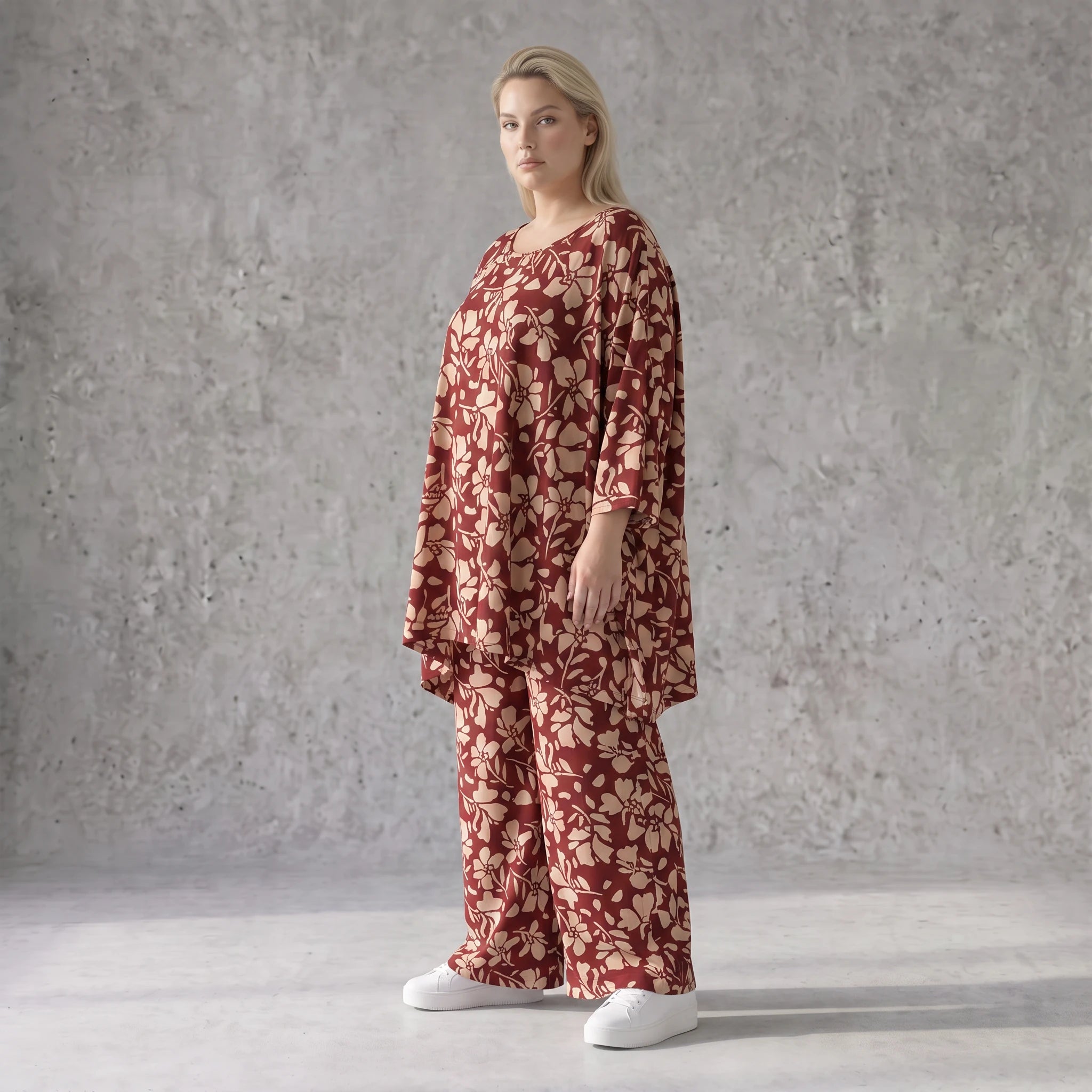 Damen Shirt Avantgarde Viskose Weinrot/Rose, A-Linie, 3/4-Arm, Oversize große Größen – AKH Fashion