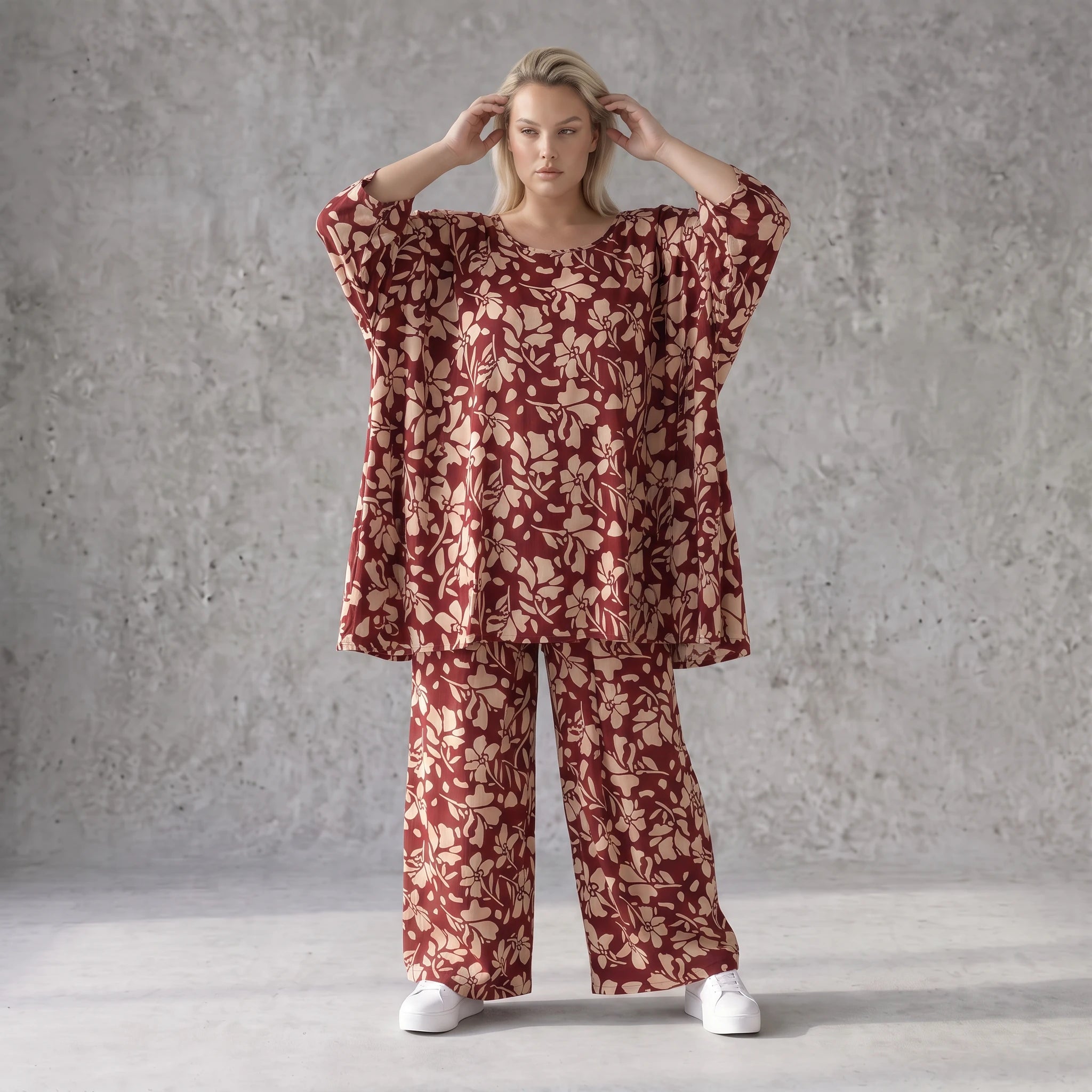 Damen Shirt Avantgarde Viskose Weinrot/Rose, A-Linie, 3/4-Arm, Oversize große Größen – AKH Fashion