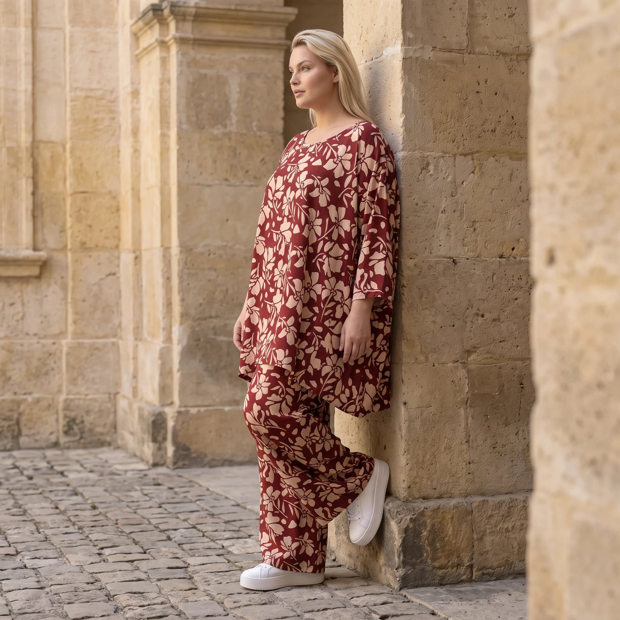 Damen Shirt Avantgarde Viskose Weinrot/Rose, A-Linie, 3/4-Arm, Oversize große Größen – AKH Fashion