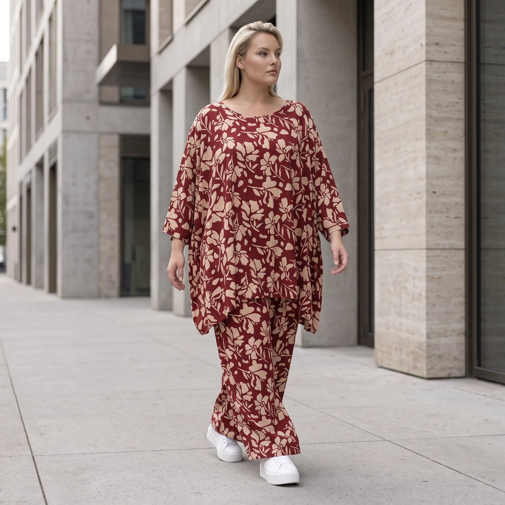 Damen Shirt Avantgarde Viskose Weinrot/Rose, A-Linie, 3/4-Arm, Oversize große Größen – AKH Fashion