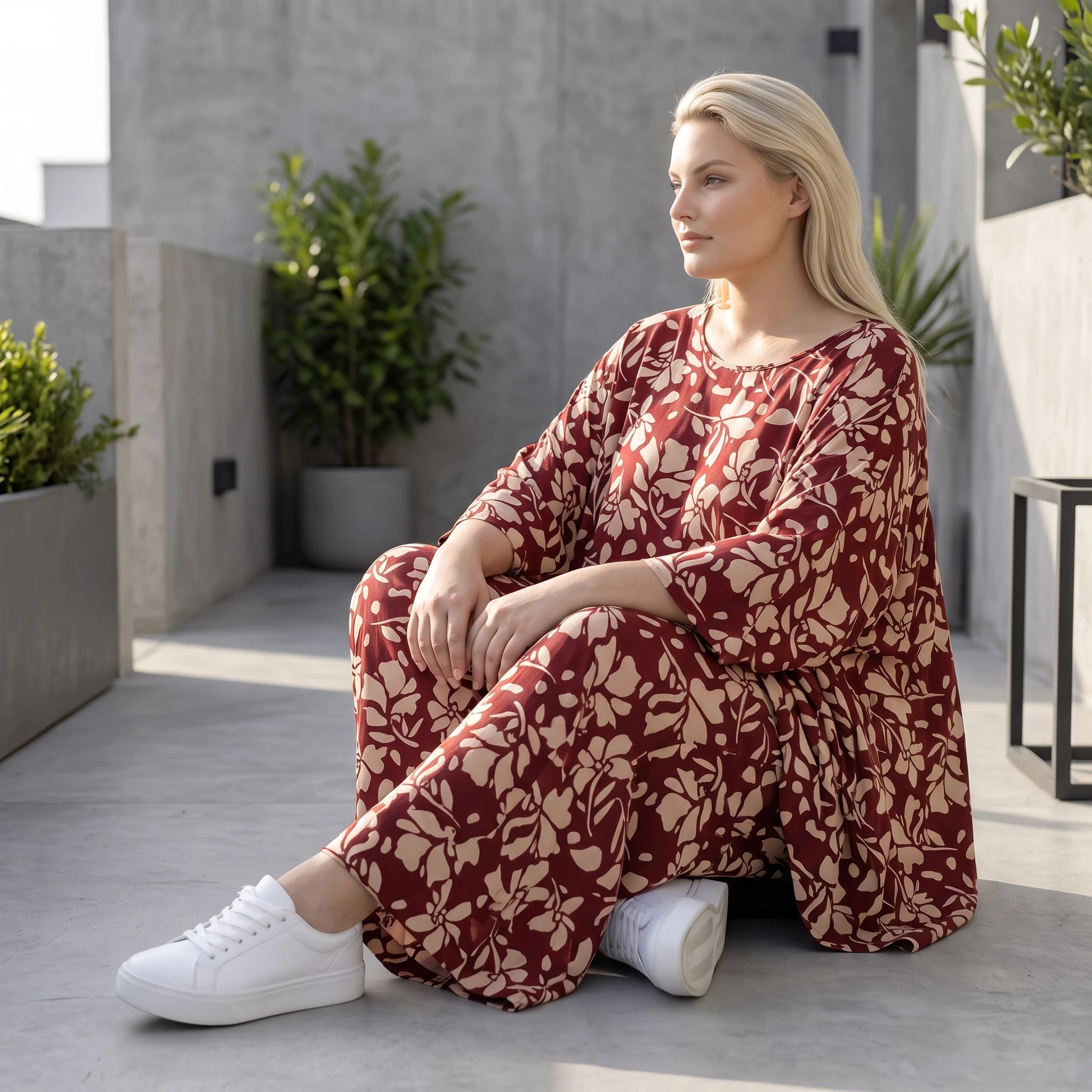 Damen Shirt Avantgarde Viskose Weinrot/Rose, A-Linie, 3/4-Arm, Oversize große Größen – AKH Fashion
