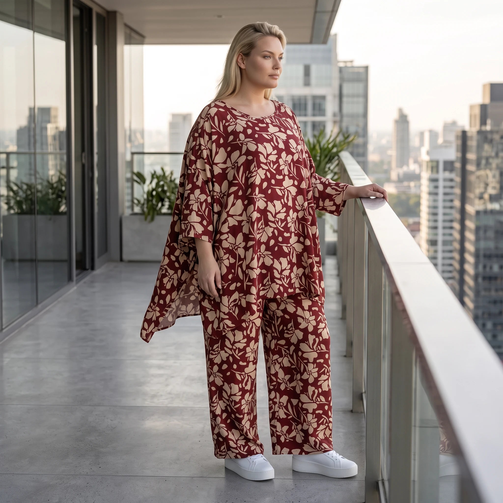 Damen Shirt Avantgarde Viskose Weinrot/Rose, A-Linie, 3/4-Arm, Oversize große Größen – AKH Fashion