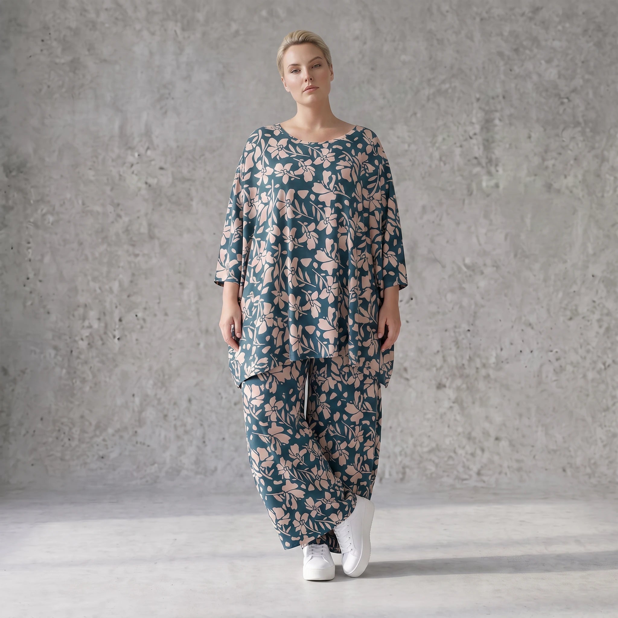 Damen Shirt Avantgarde Viskose Petrol/Rose, A-Linie, 3/4-Arm, Oversize große Größen – AKH Fashion