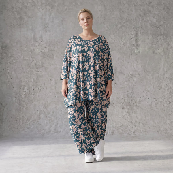 Damen Shirt Avantgarde Viskose Petrol/Rose, A-Linie, 3/4-Arm, Oversize große Größen – AKH Fashion