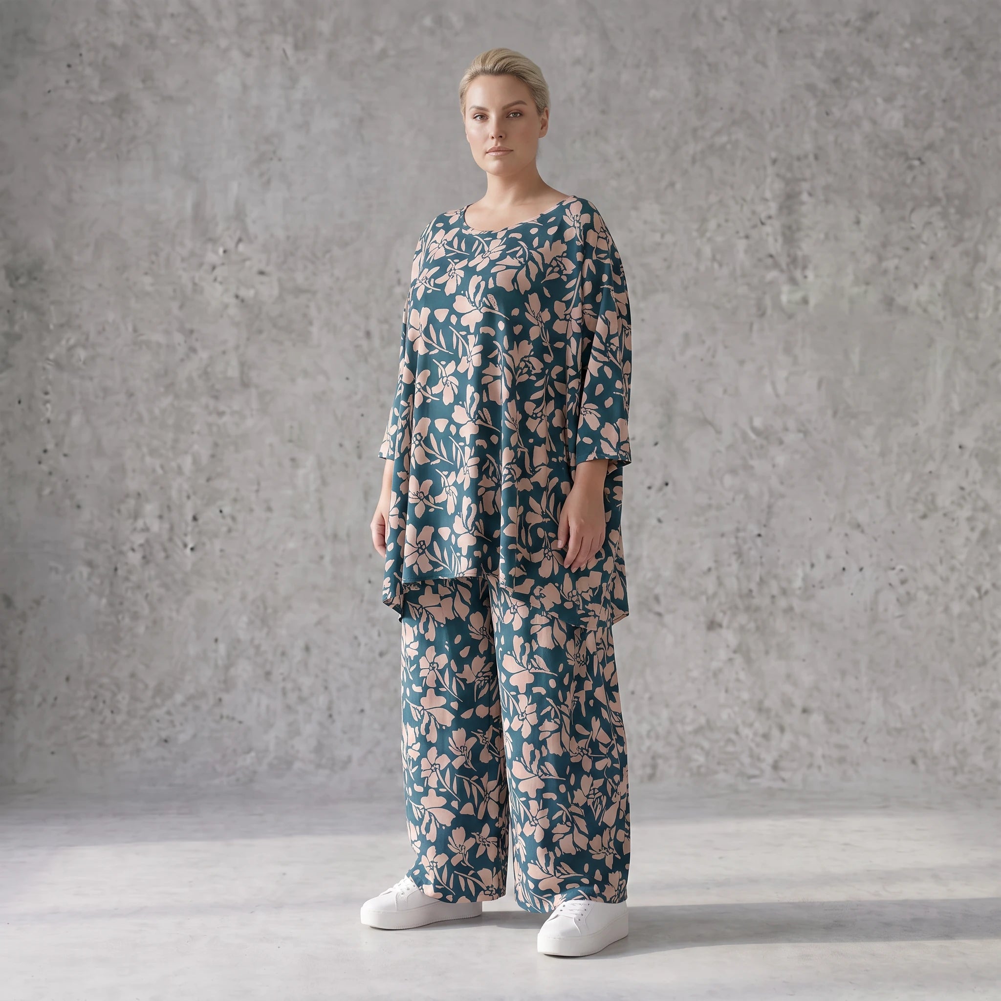 Damen Shirt Avantgarde Viskose Petrol/Rose, A-Linie, 3/4-Arm, Oversize große Größen – AKH Fashion