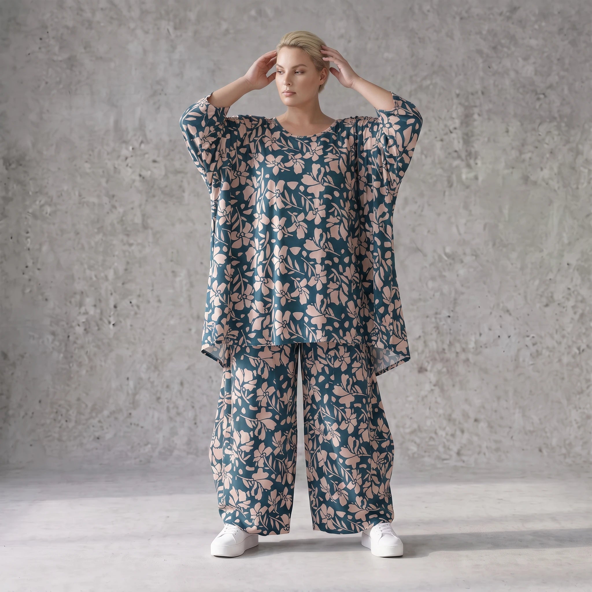 Damen Shirt Avantgarde Viskose Petrol/Rose, A-Linie, 3/4-Arm, Oversize große Größen – AKH Fashion