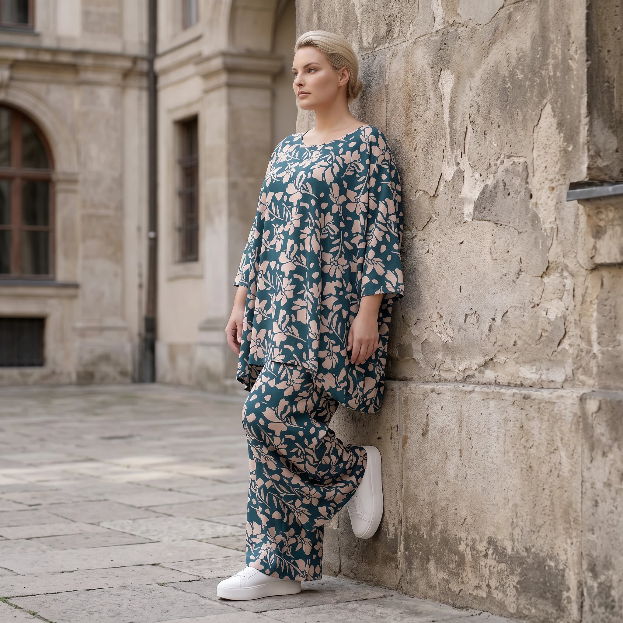 Damen Shirt Avantgarde Viskose Petrol/Rose, A-Linie, 3/4-Arm, Oversize große Größen – AKH Fashion