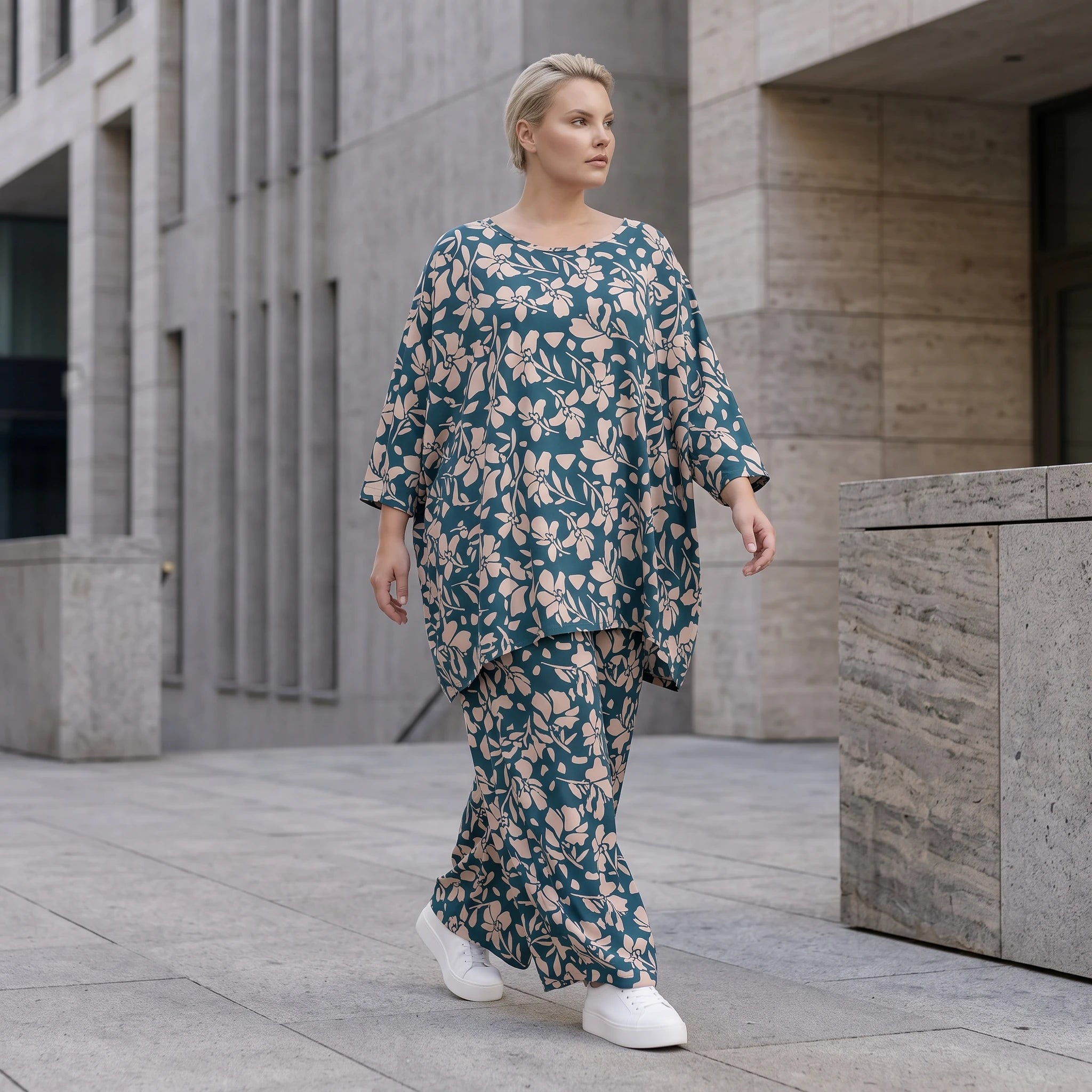Damen Shirt Avantgarde Viskose Petrol/Rose, A-Linie, 3/4-Arm, Oversize große Größen – AKH Fashion
