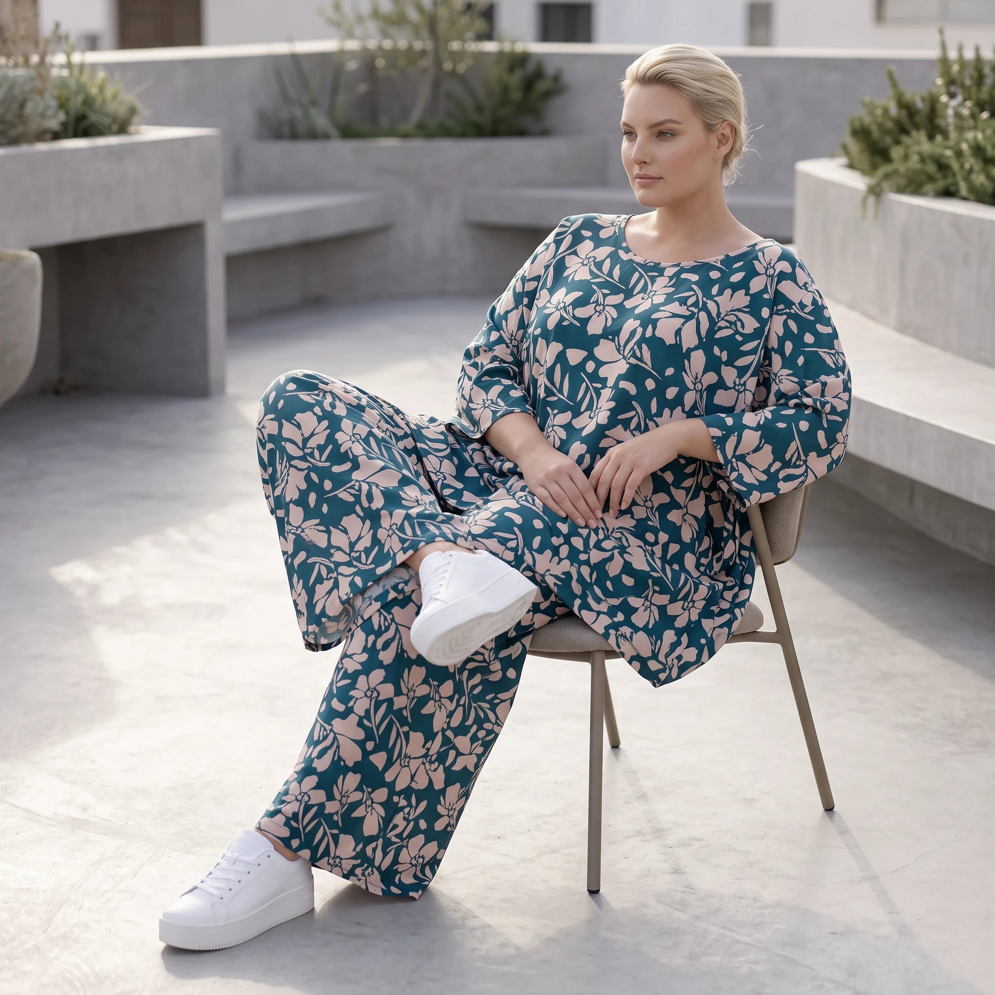Damen Shirt Avantgarde Viskose Petrol/Rose, A-Linie, 3/4-Arm, Oversize große Größen – AKH Fashion