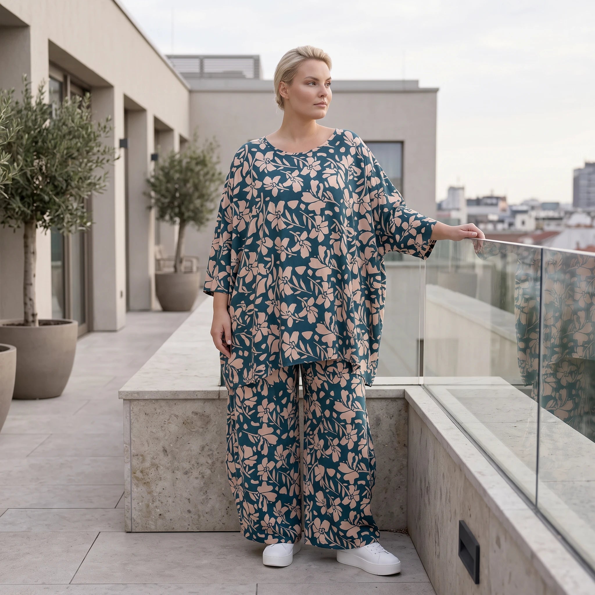 Damen Shirt Avantgarde Viskose Petrol/Rose, A-Linie, 3/4-Arm, Oversize große Größen – AKH Fashion