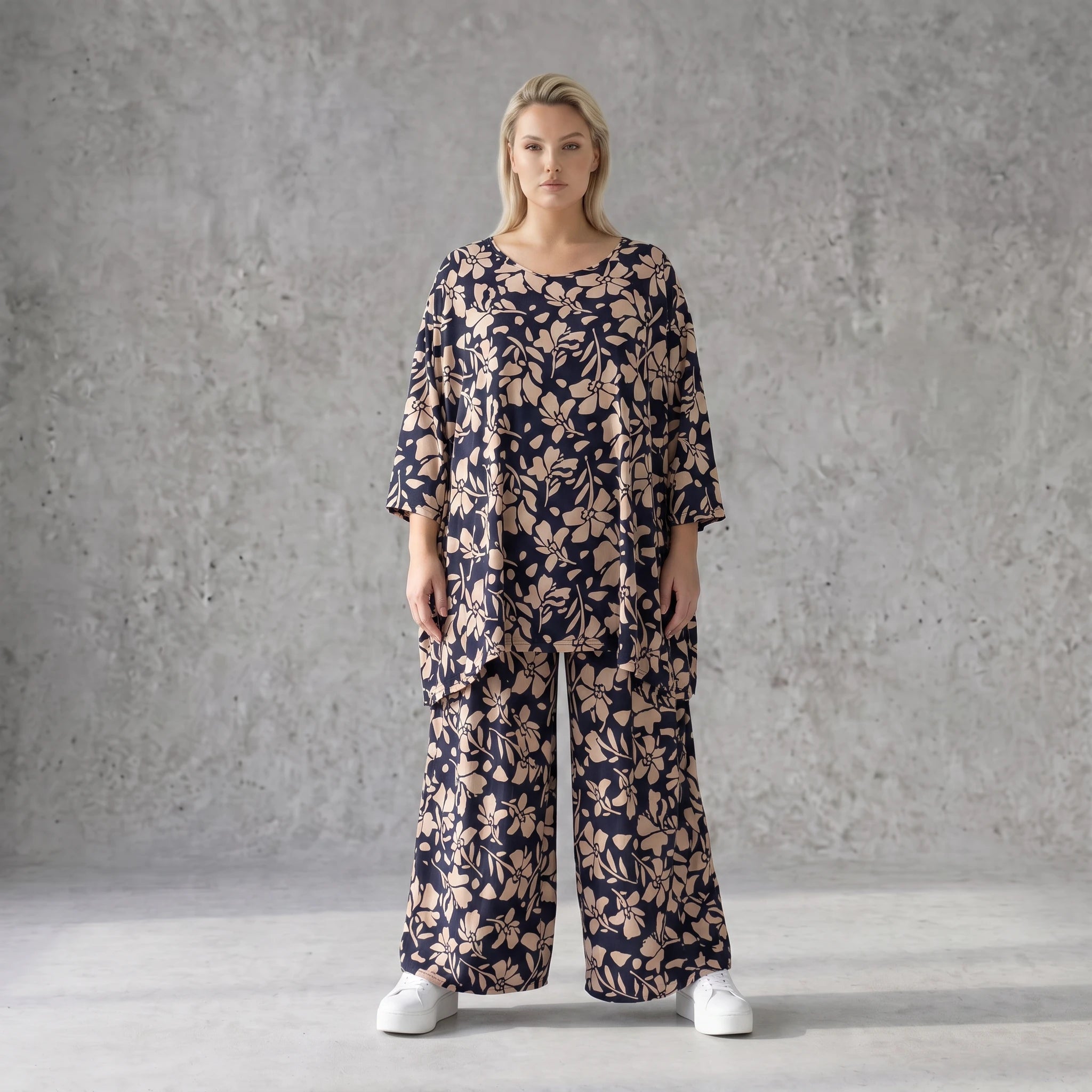 Damen Shirt Avantgarde Viskose Marine/Rose, A-Linie, 3/4-Arm, Oversize große Größen – AKH Fashion