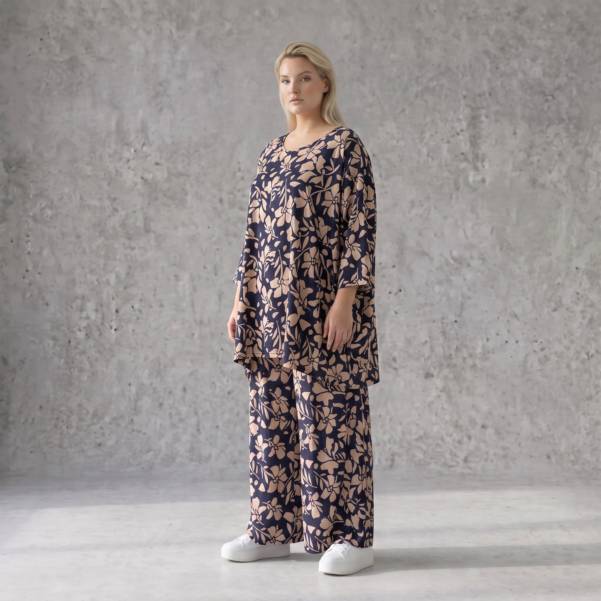 Damen Shirt Avantgarde Viskose Marine/Rose, A-Linie, 3/4-Arm, Oversize große Größen – AKH Fashion