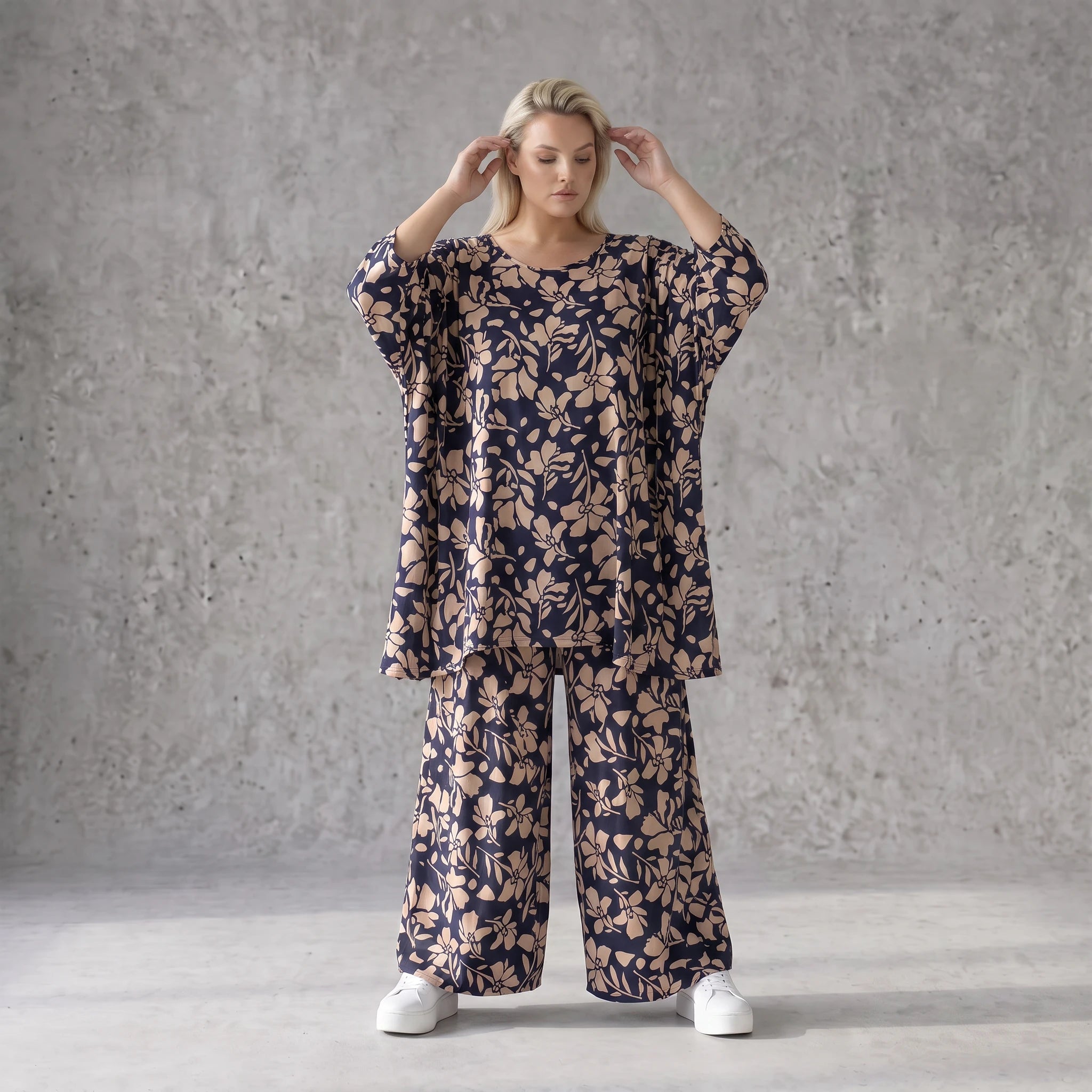 Damen Shirt Avantgarde Viskose Marine/Rose, A-Linie, 3/4-Arm, Oversize große Größen – AKH Fashion