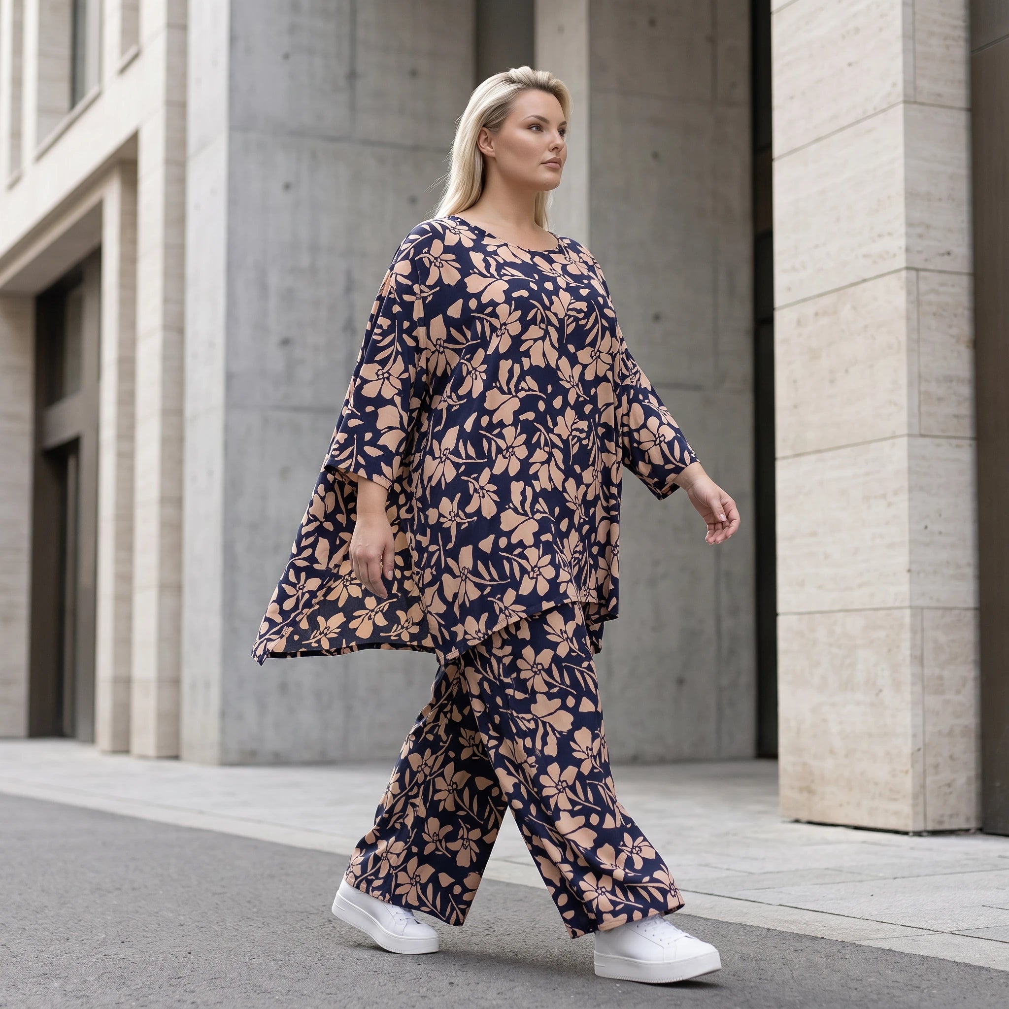Damen Shirt Avantgarde Viskose Marine/Rose, A-Linie, 3/4-Arm, Oversize große Größen – AKH Fashion