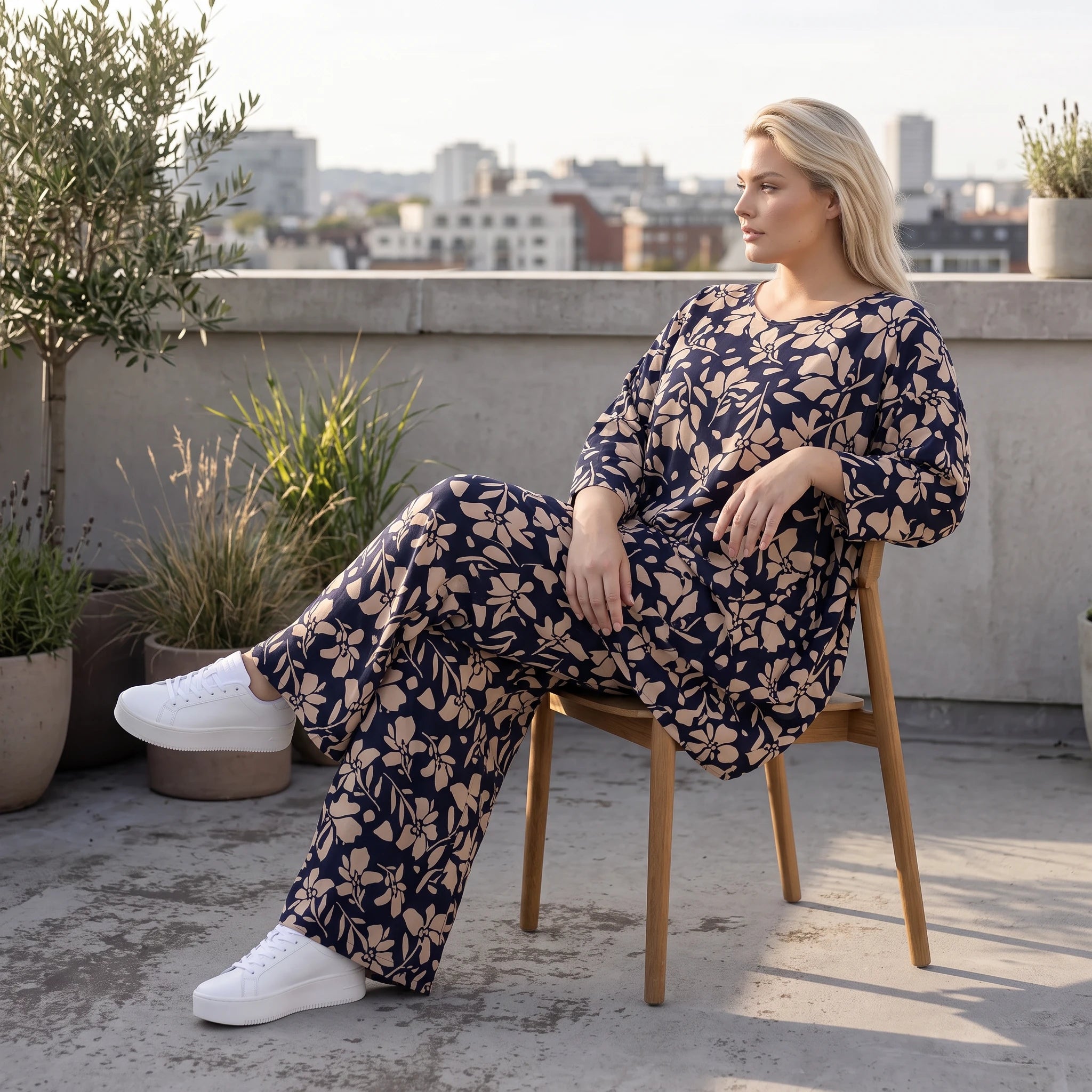 Damen Shirt Avantgarde Viskose Marine/Rose, A-Linie, 3/4-Arm, Oversize große Größen – AKH Fashion