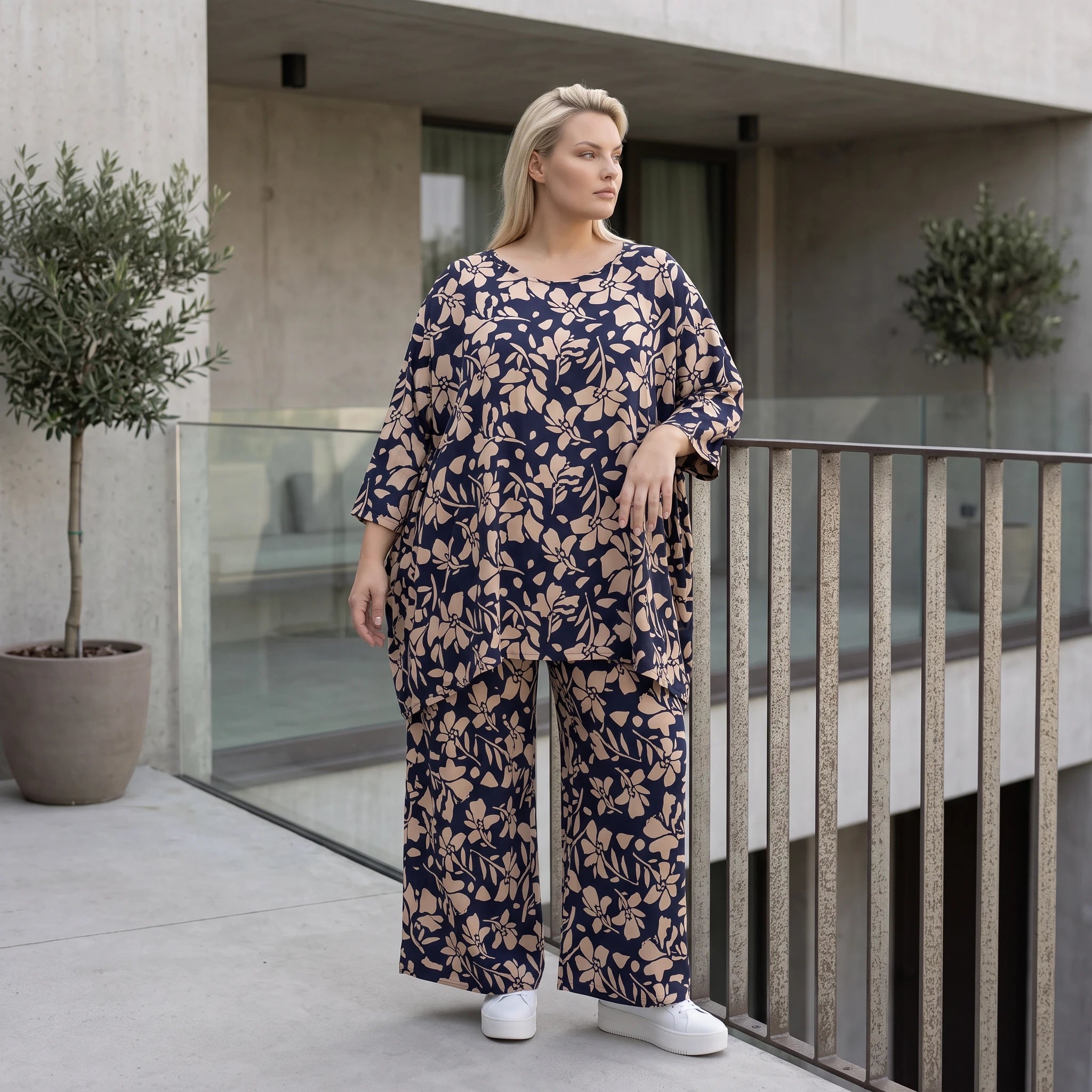 Damen Shirt Avantgarde Viskose Marine/Rose, A-Linie, 3/4-Arm, Oversize große Größen – AKH Fashion