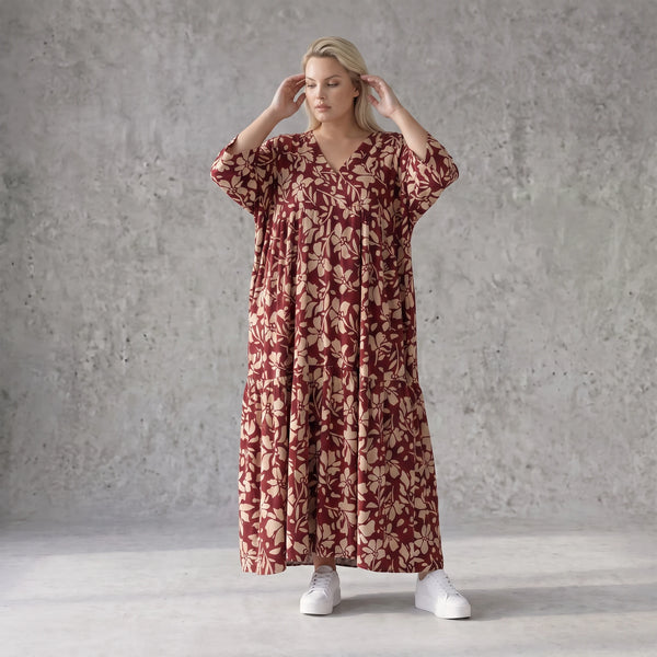 Damen Kleid Avantgarde Viskose Weinrot/Rose, A-Linie, V-Ausschnitt, Oversize große Größen – AKH Fashion
