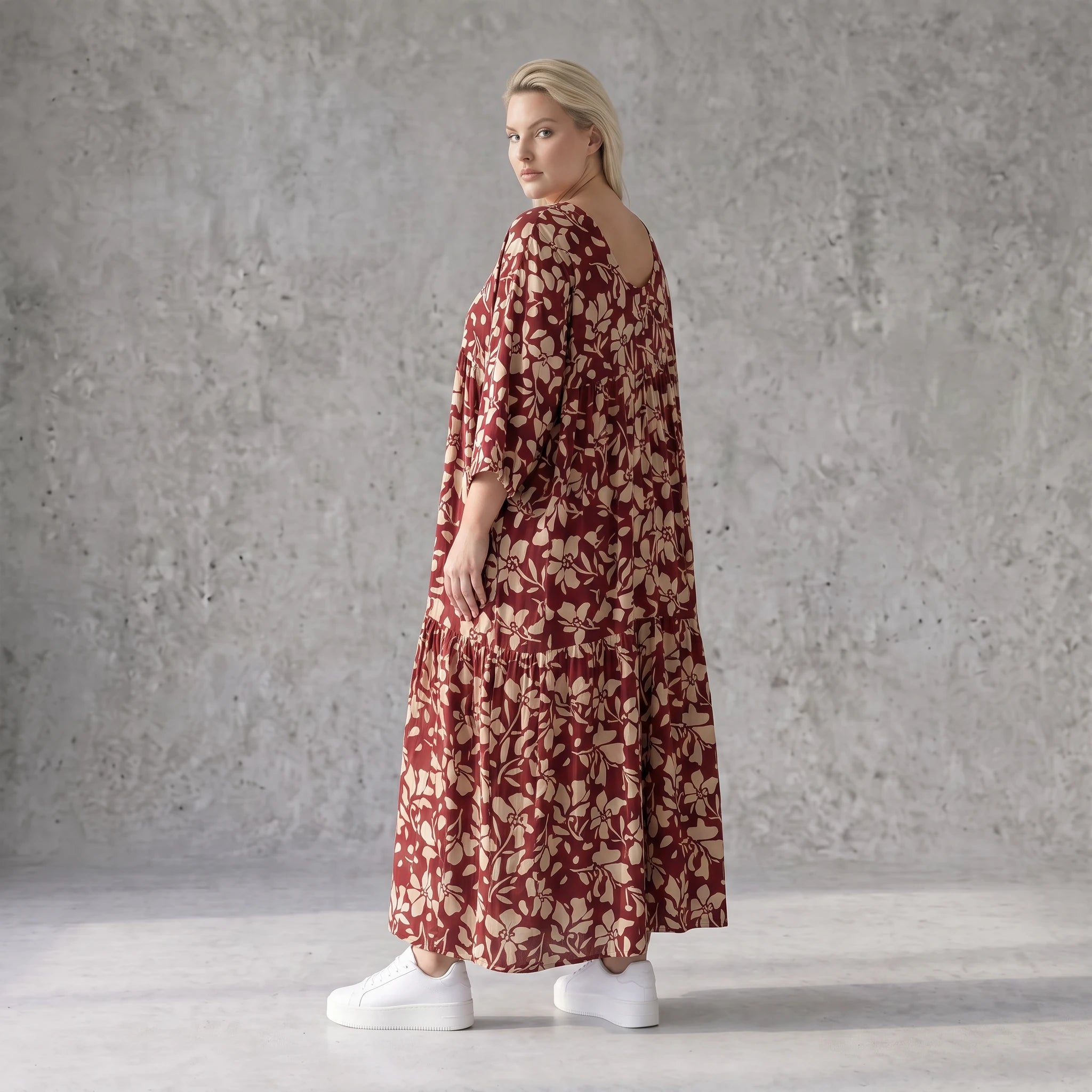 Damen Kleid Avantgarde Viskose Weinrot/Rose, A-Linie, V-Ausschnitt, Oversize große Größen – AKH Fashion