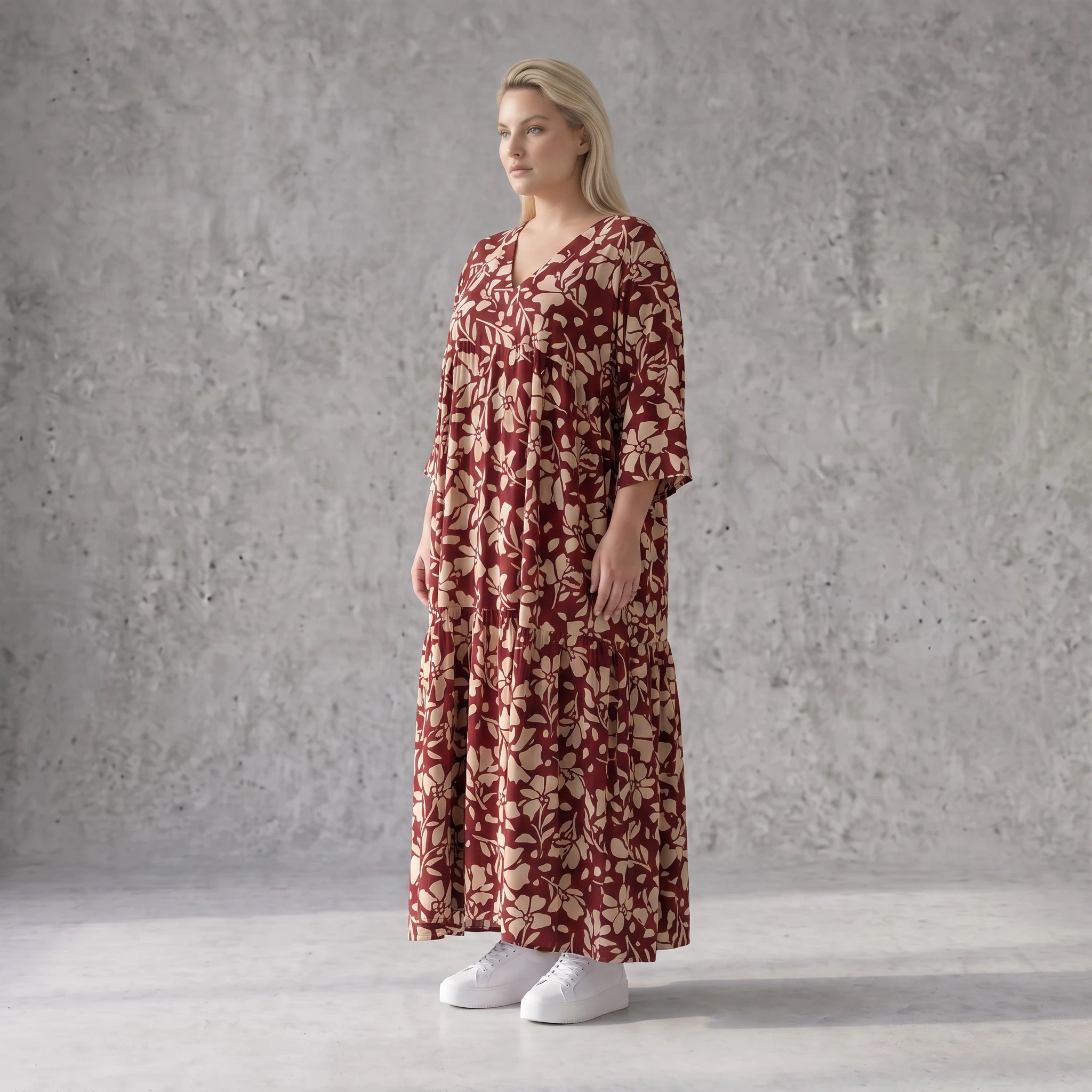 Damen Kleid Avantgarde Viskose Weinrot/Rose, A-Linie, V-Ausschnitt, Oversize große Größen – AKH Fashion