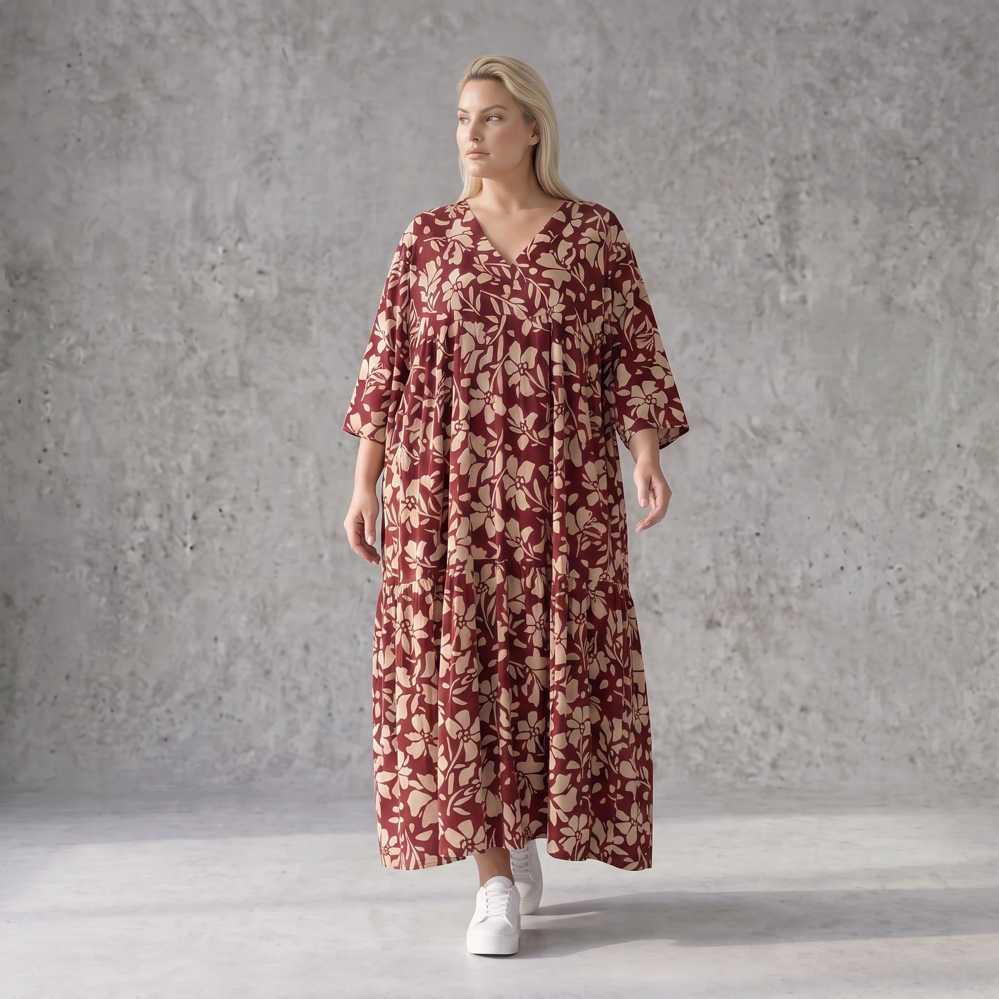 Damen Kleid Avantgarde Viskose Weinrot/Rose, A-Linie, V-Ausschnitt, Oversize große Größen – AKH Fashion
