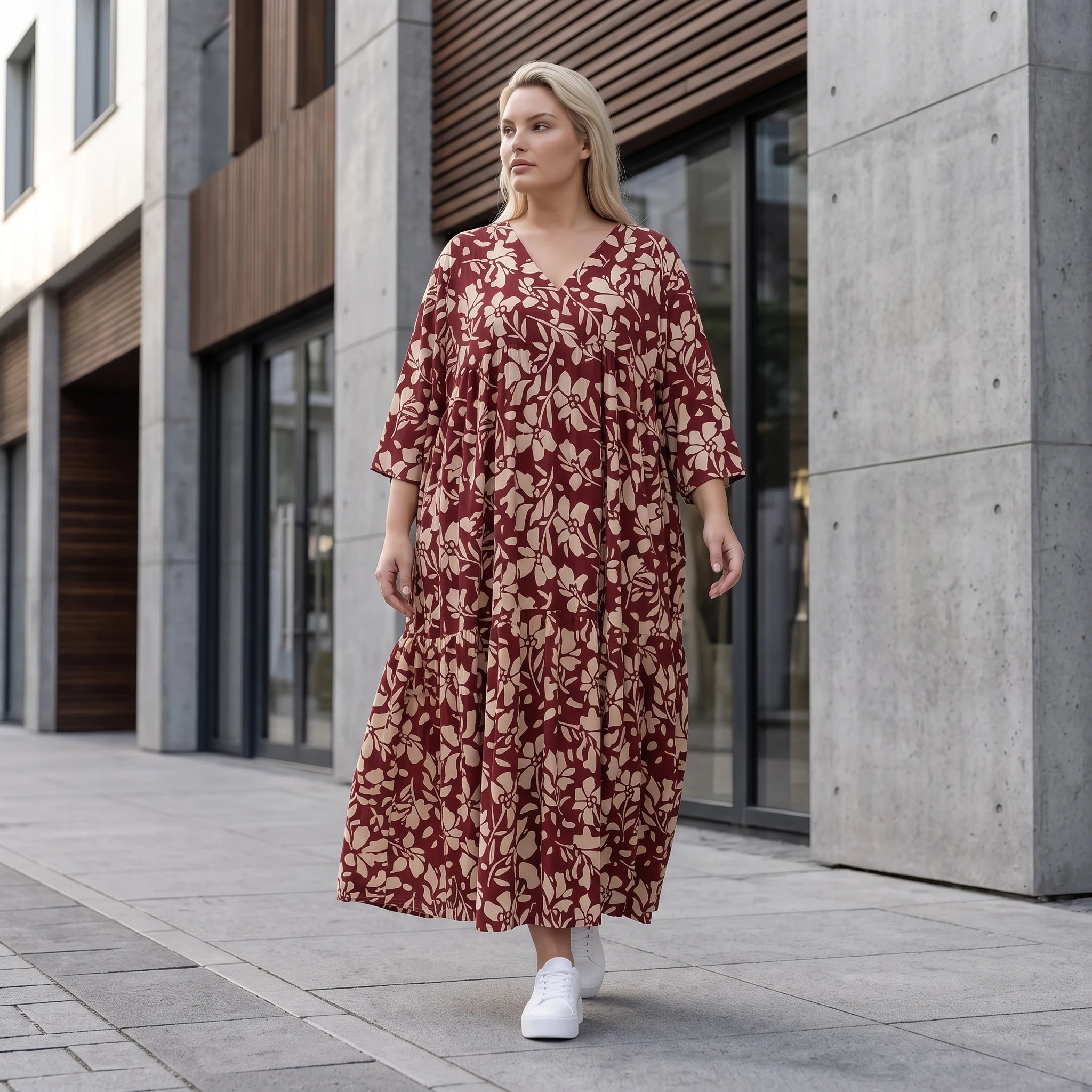 Damen Kleid Avantgarde Viskose Weinrot/Rose, A-Linie, V-Ausschnitt, Oversize große Größen – AKH Fashion