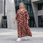 Damen Kleid Avantgarde Viskose Weinrot/Rose, A-Linie, V-Ausschnitt, Oversize große Größen – AKH Fashion