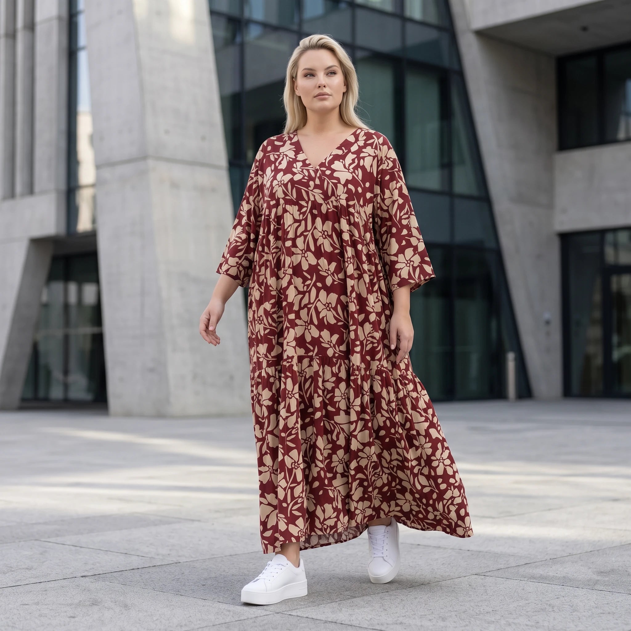 Damen Kleid Avantgarde Viskose Weinrot/Rose, A-Linie, V-Ausschnitt, Oversize große Größen – AKH Fashion