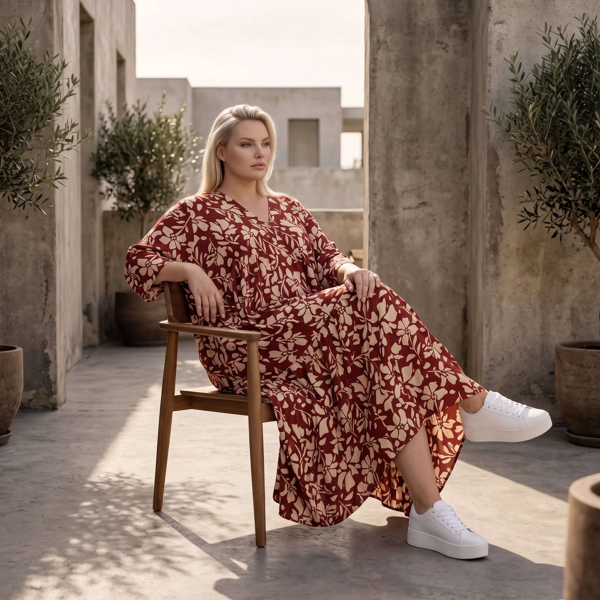 Damen Kleid Avantgarde Viskose Weinrot/Rose, A-Linie, V-Ausschnitt, Oversize große Größen – AKH Fashion