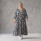 Damen Kleid Avantgarde Viskose Petrol/Rose, A-Linie, 3/4-Arm, V-Ausschnitt, Oversize große Größen – AKH Fashion