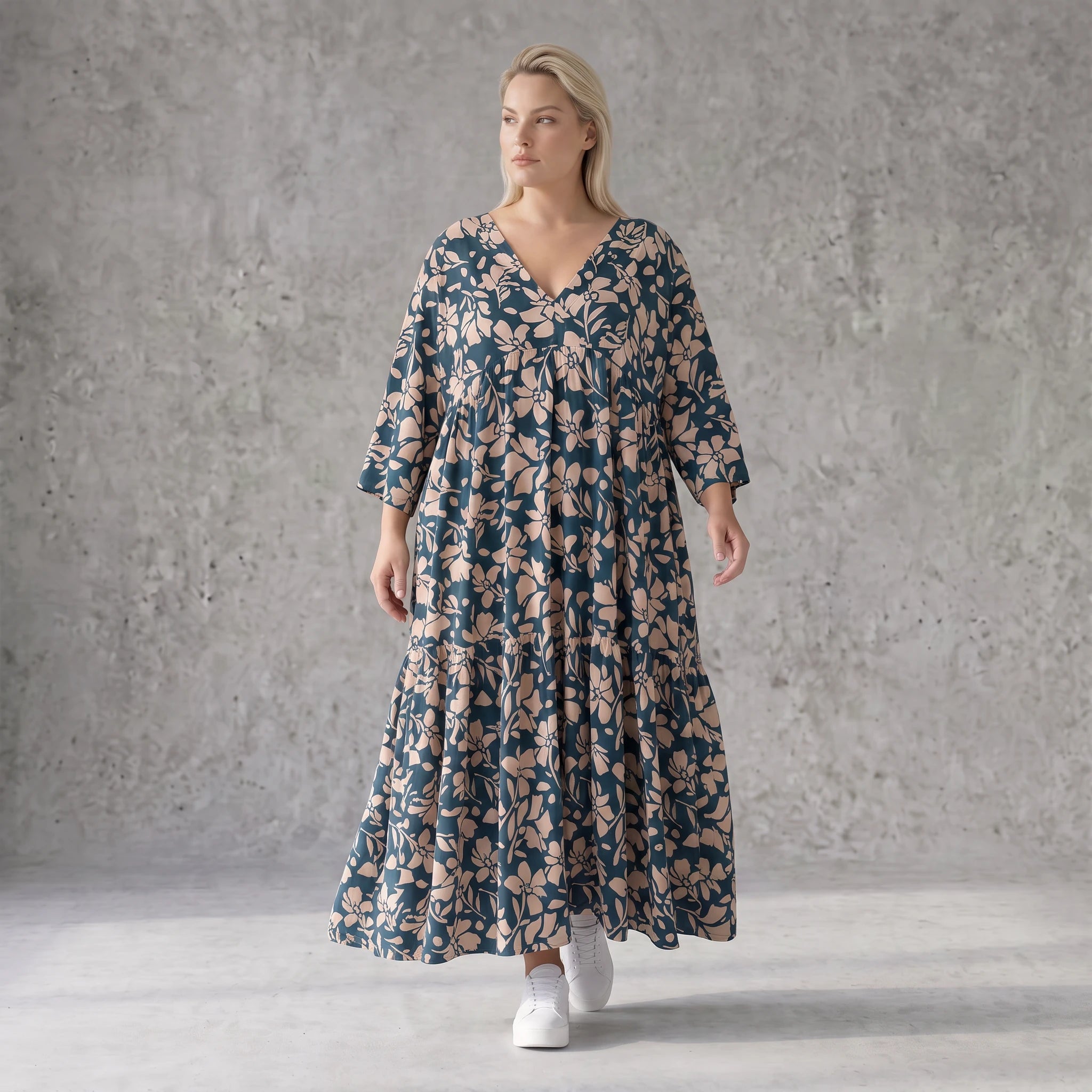 Damen Kleid Avantgarde Viskose Petrol/Rose, A-Linie, 3/4-Arm, V-Ausschnitt, Oversize große Größen – AKH Fashion