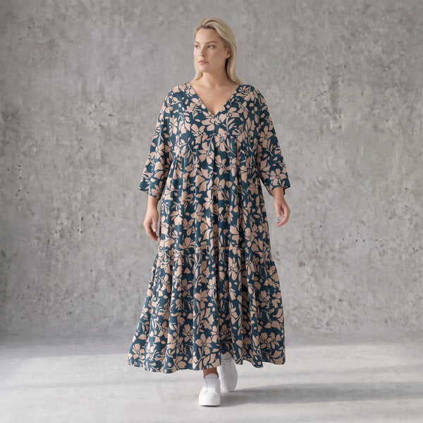 Damen Kleid Avantgarde Viskose Petrol/Rose, A-Linie, 3/4-Arm, V-Ausschnitt, Oversize große Größen – AKH Fashion