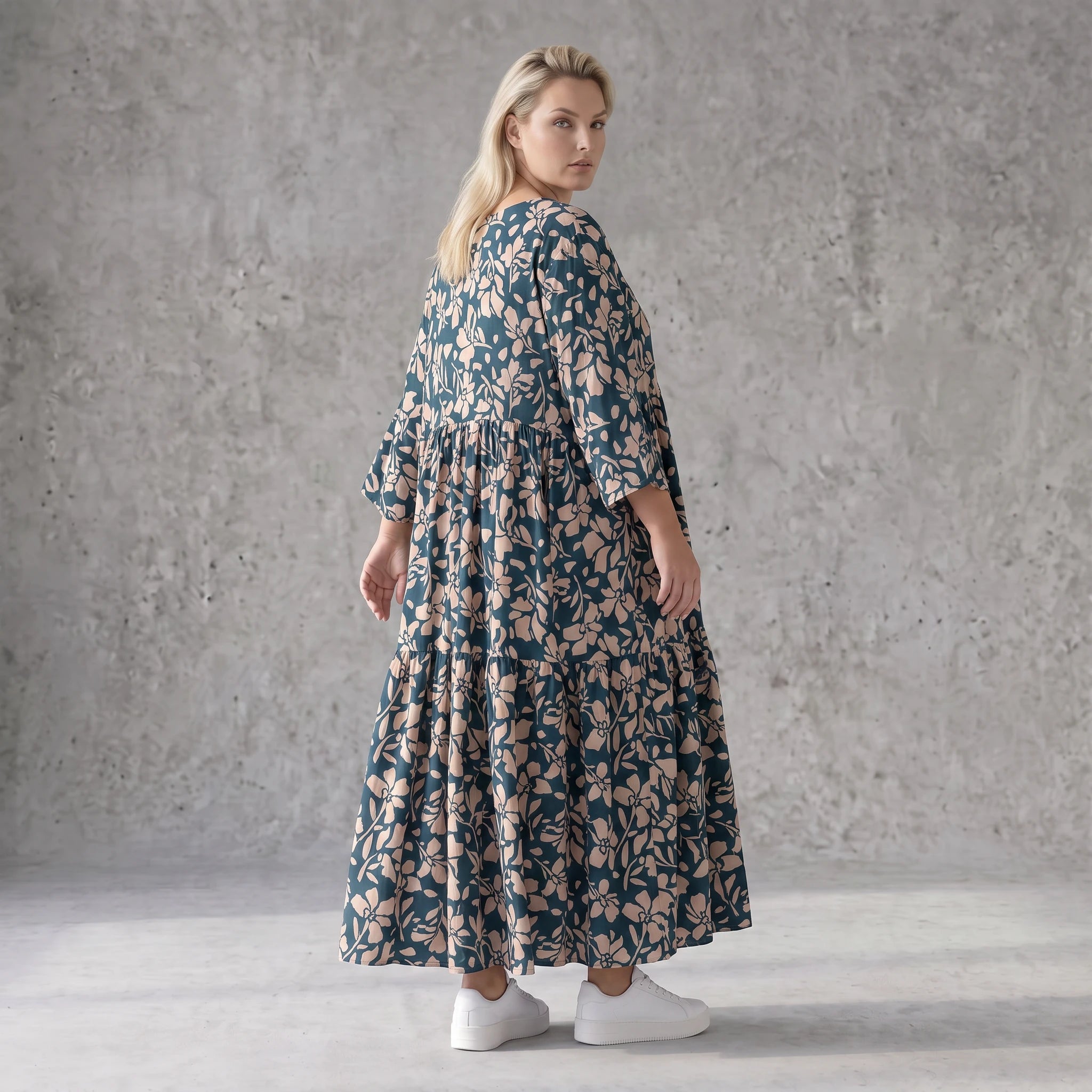 Damen Kleid Avantgarde Viskose Petrol/Rose, A-Linie, 3/4-Arm, V-Ausschnitt, Oversize große Größen – AKH Fashion