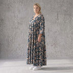 Damen Kleid Avantgarde Viskose Petrol/Rose, A-Linie, 3/4-Arm, V-Ausschnitt, Oversize große Größen – AKH Fashion