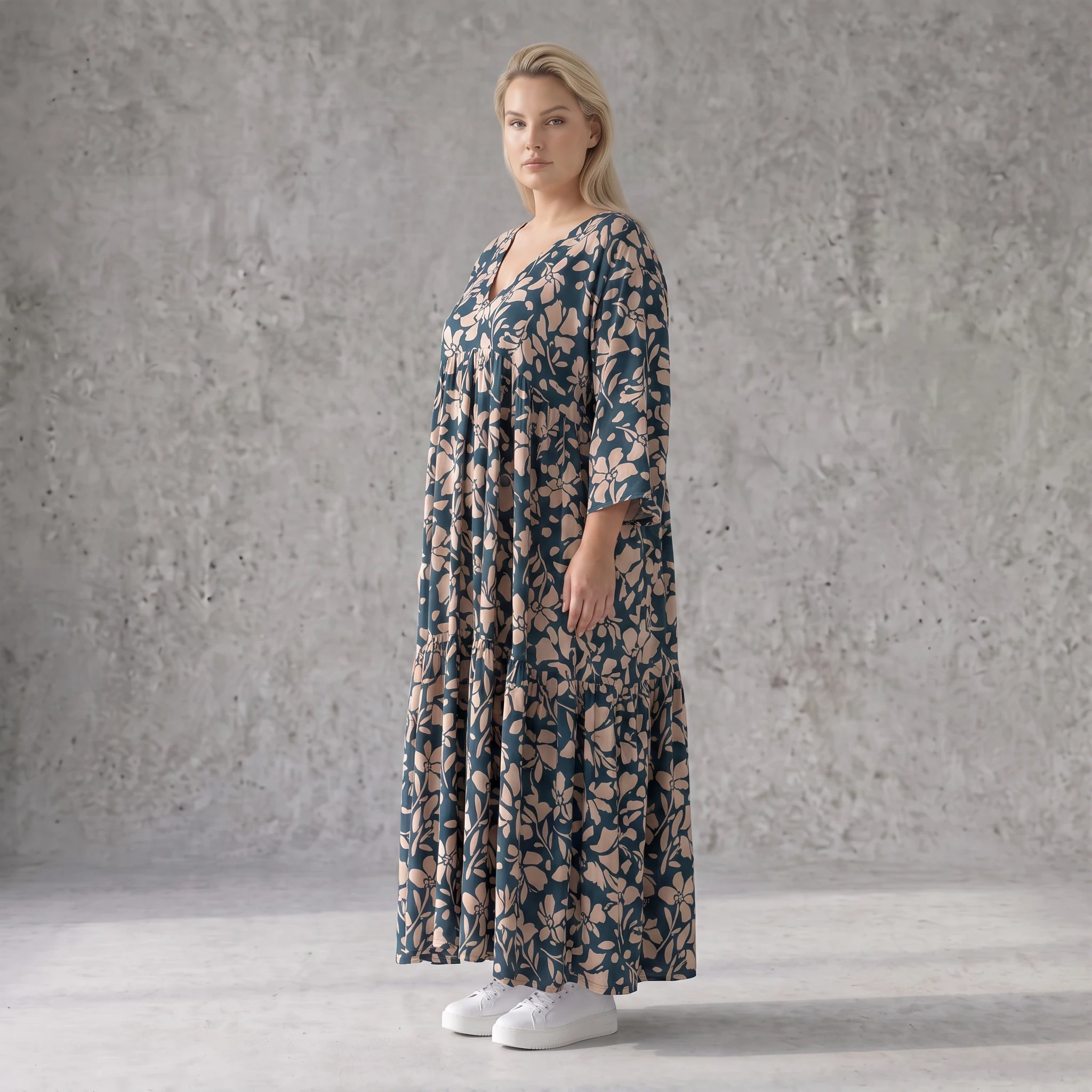 Damen Kleid Avantgarde Viskose Petrol/Rose, A-Linie, 3/4-Arm, V-Ausschnitt, Oversize große Größen – AKH Fashion