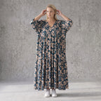 Damen Kleid Avantgarde Viskose Petrol/Rose, A-Linie, 3/4-Arm, V-Ausschnitt, Oversize große Größen – AKH Fashion