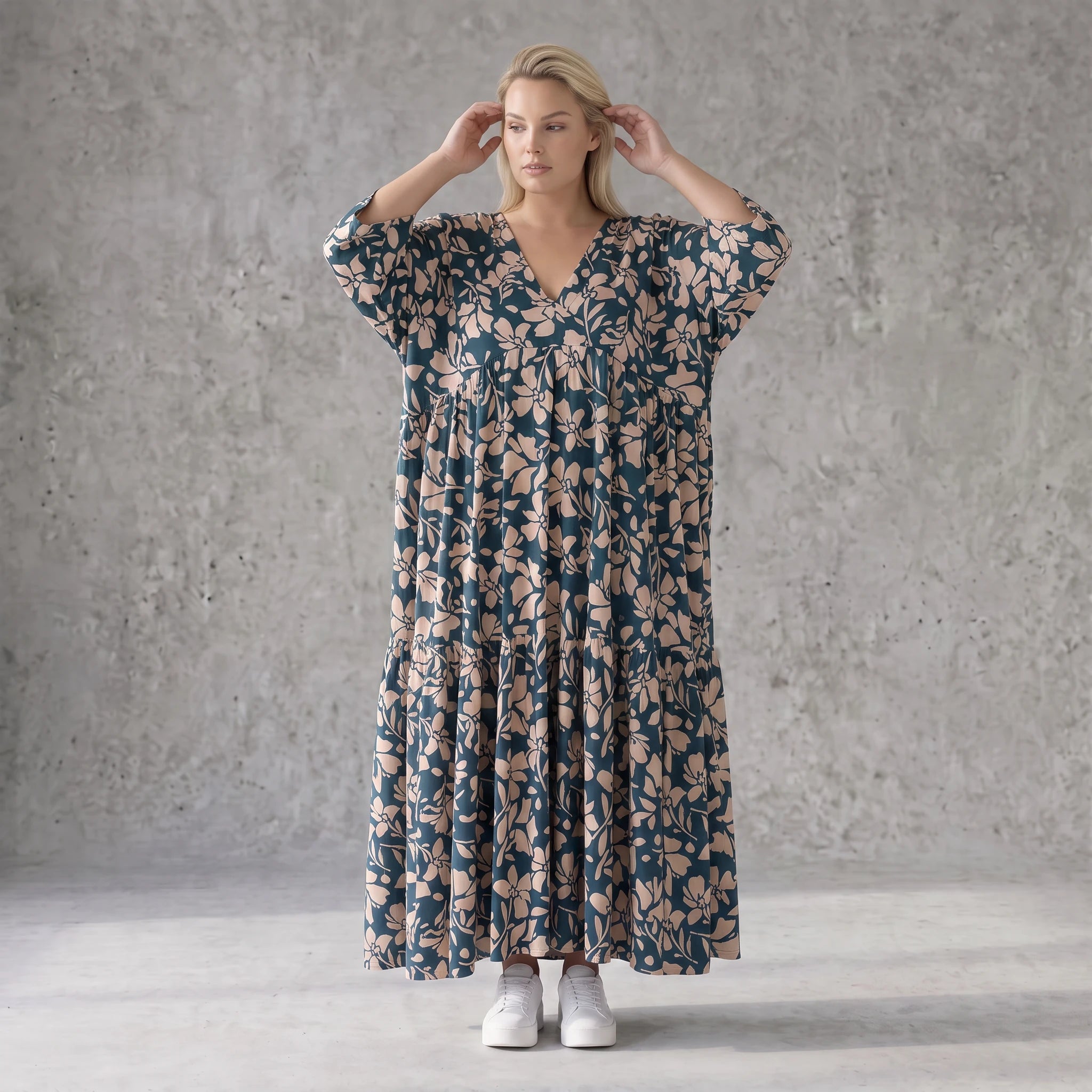 Damen Kleid Avantgarde Viskose Petrol/Rose, A-Linie, 3/4-Arm, V-Ausschnitt, Oversize große Größen – AKH Fashion