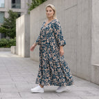 Damen Kleid Avantgarde Viskose Petrol/Rose, A-Linie, 3/4-Arm, V-Ausschnitt, Oversize große Größen – AKH Fashion