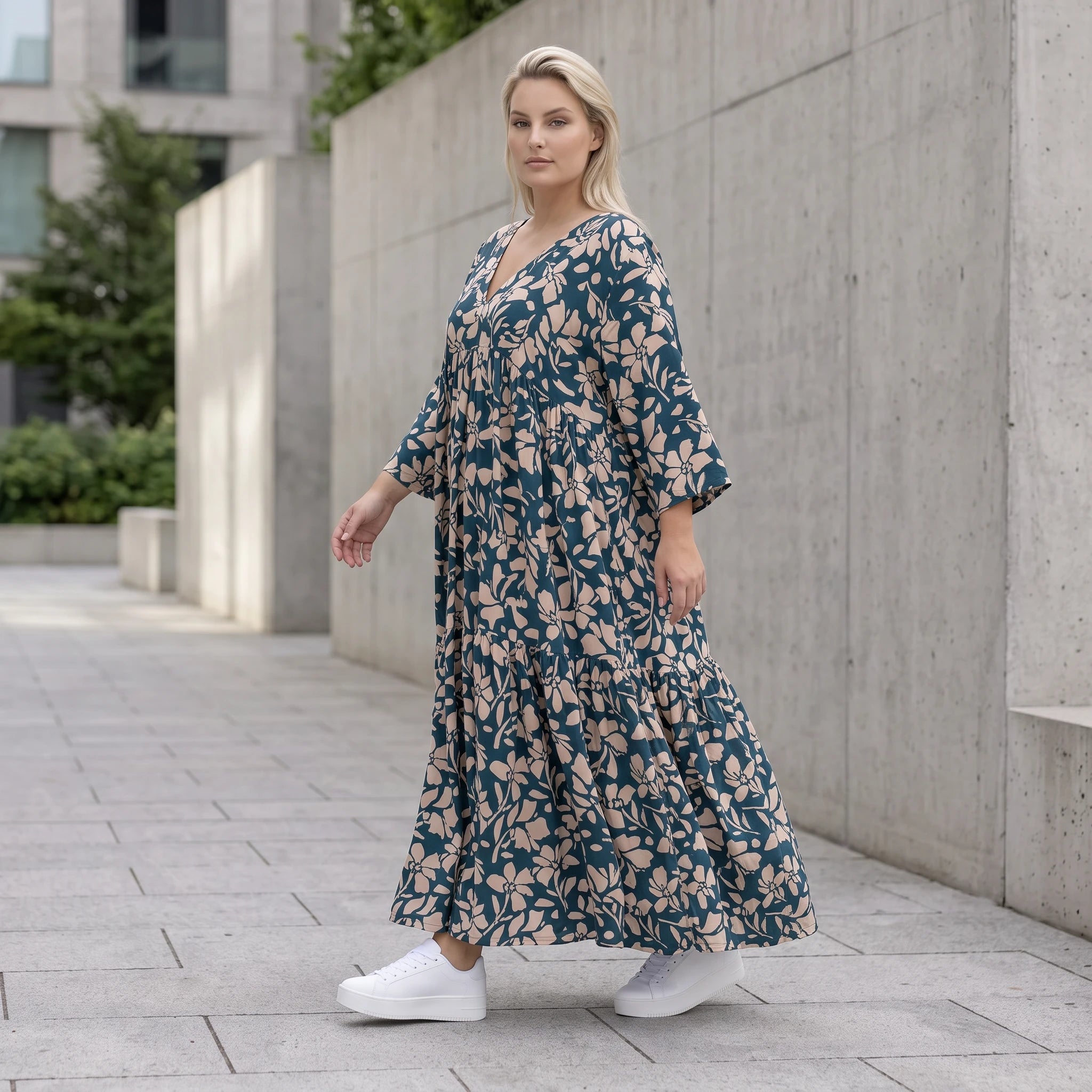 Damen Kleid Avantgarde Viskose Petrol/Rose, A-Linie, 3/4-Arm, V-Ausschnitt, Oversize große Größen – AKH Fashion