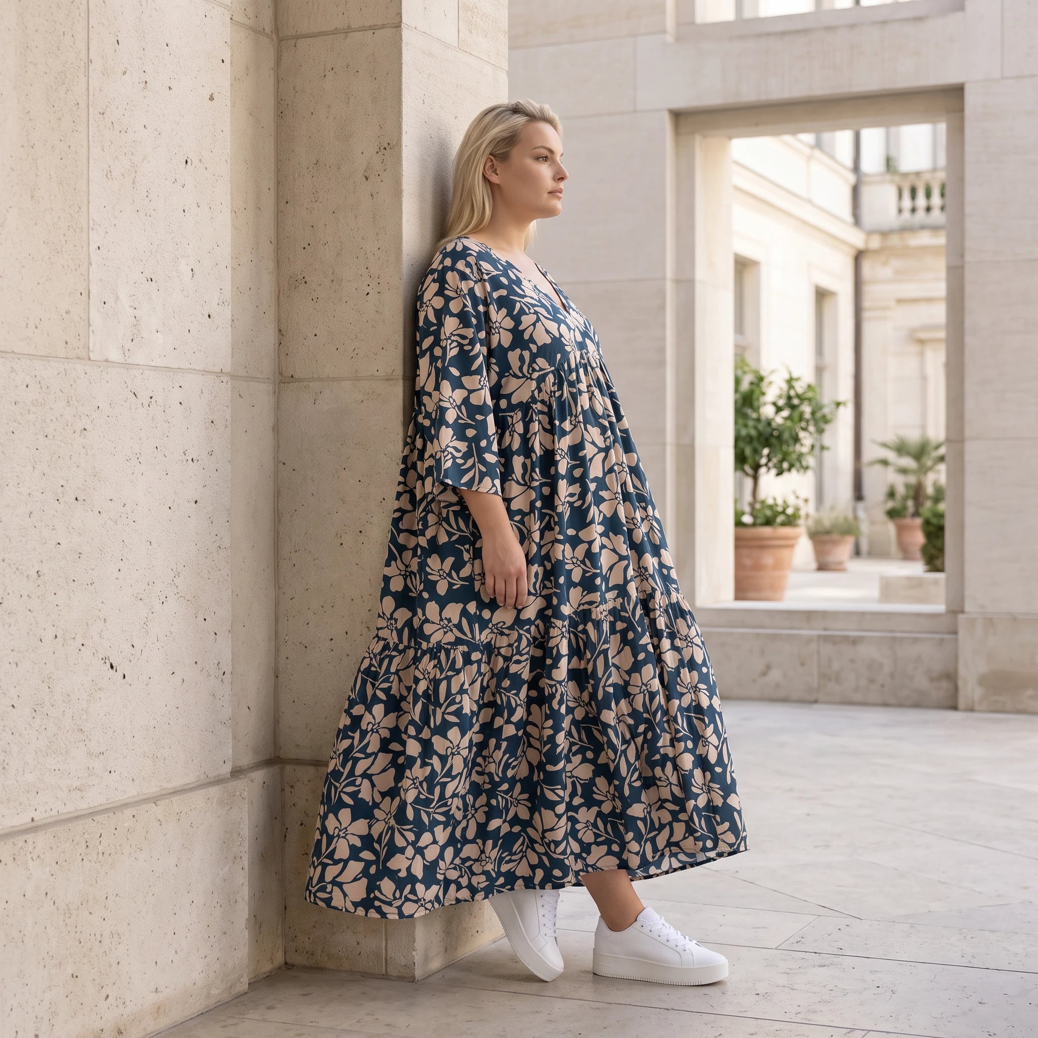 Damen Kleid Avantgarde Viskose Petrol/Rose, A-Linie, 3/4-Arm, V-Ausschnitt, Oversize große Größen – AKH Fashion